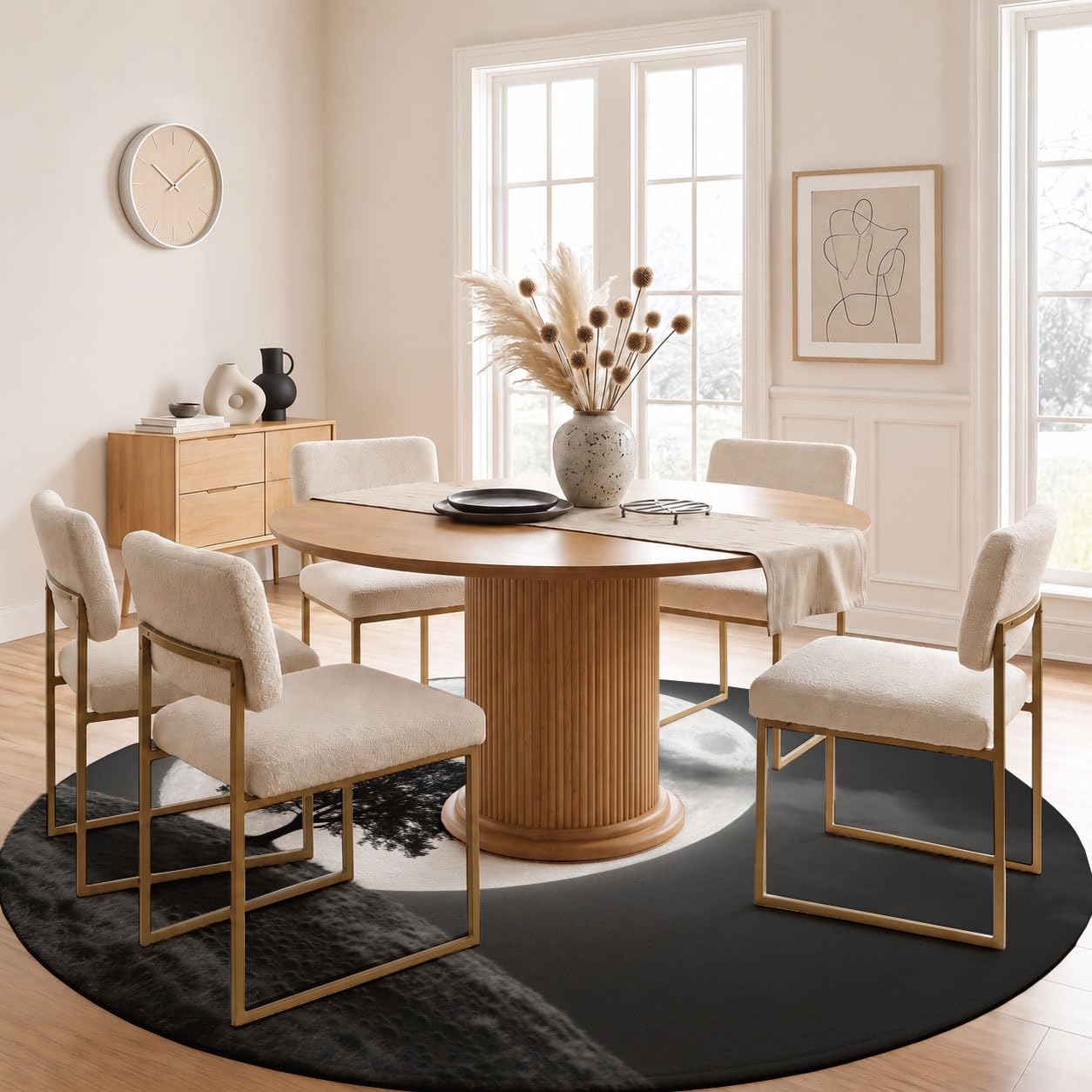 Tapis Rond 160cm Pleine Lune Arbre Solitaire Herbe pour Chambre | Art De Silhouette Rétro Rond Tapis Antidérapant Lavable en Machine Cuisine Salon Adulte Interieur Bureau Cuisine Decoration