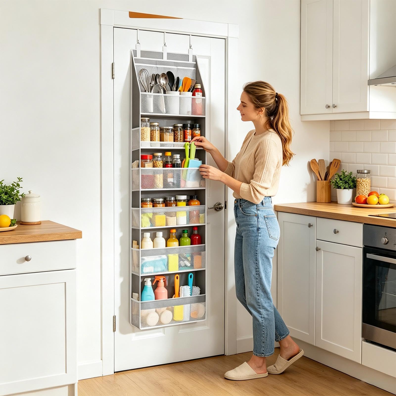 Genérico Organiseur de porte vertical à 6 niveaux avec grande capacité et crochets, organiseur de rangement pour buanderie, armoire, salle de bain, chambre à coucher, cuisine