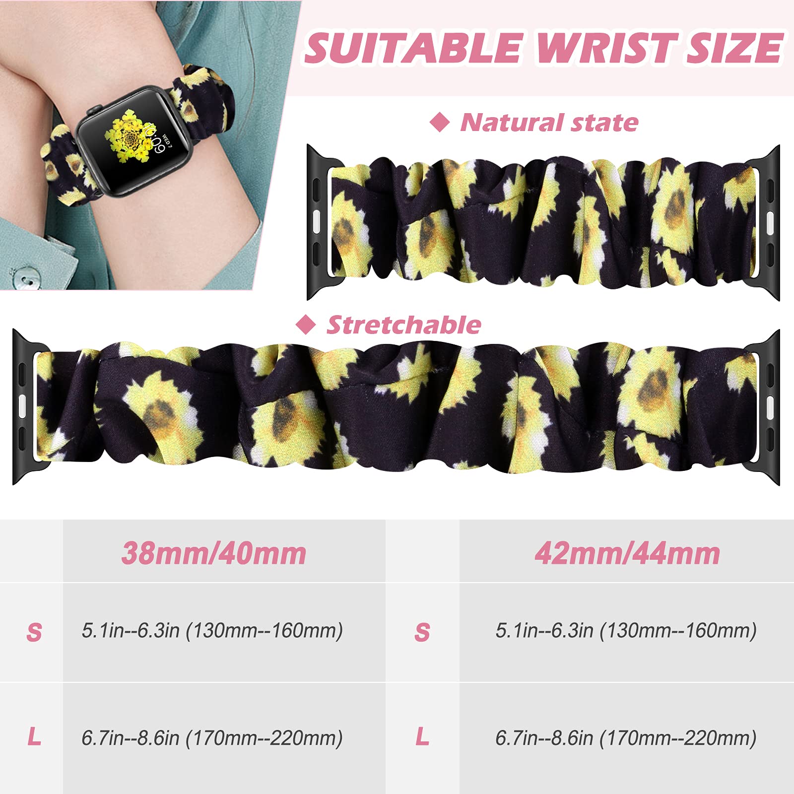 Pasek do zegarka Apple Watch Scrunchie 49 mm, 45 mm, 44 mm, 42 mm, elastyczny, miękki wzór, z nadrukiem, zastępcza opaska na nadgarstek, bransoletka dla kobiet i dziewcząt, do iWatch