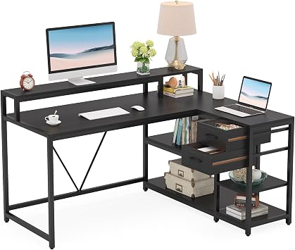 Tribesigns L-Shaped Desk, Computer Desk, with Drawer, Width 55.1 inches 140 cm, Desktop PC Desk, Corner Desk, Gaming, Office, Office Use, Left and Right Interchangeable Black