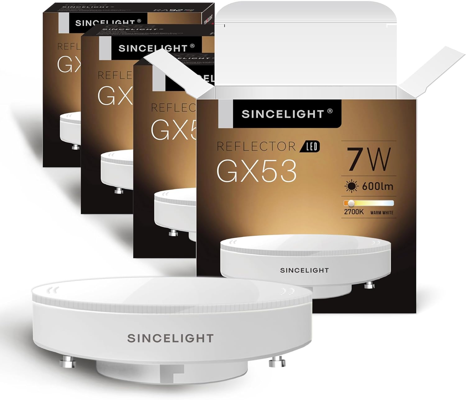 SINCELIGHT GX53 LED Bulbs, 7W, Reflector, 60W Equivalent, Disc Frosted Puck, RA≈92, Warm White 2700K, Retrofit The GX53 Fittings in Kitchen Units, Display Cabinets, Under-Shelf Lighting, Pack of 4