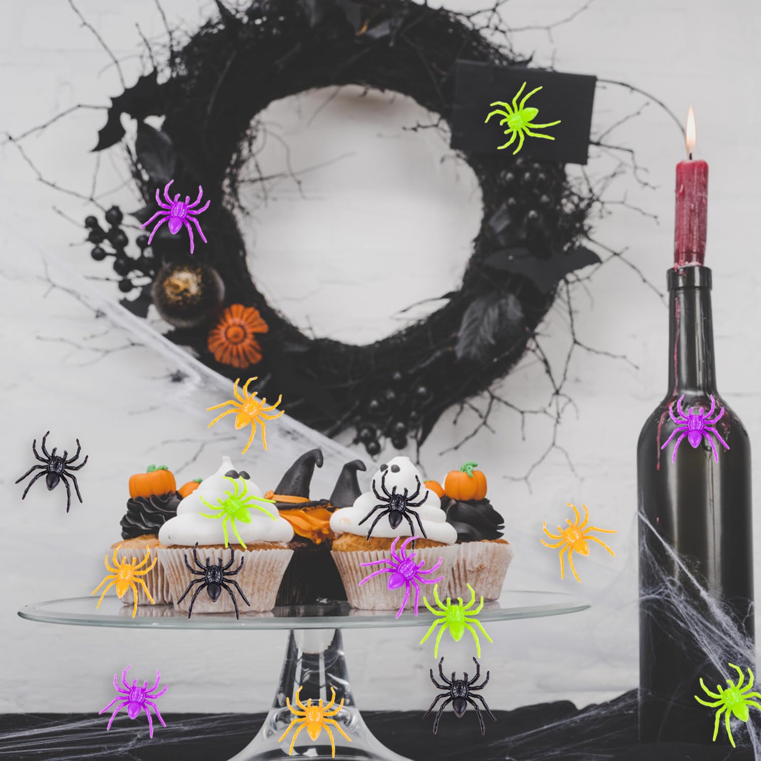 120 arañas de plástico realistas para Halloween, 4 colores, arañas falsas, terror, divertidos accesorios de broma para decoración de Halloween, hogar y fiesta 6
