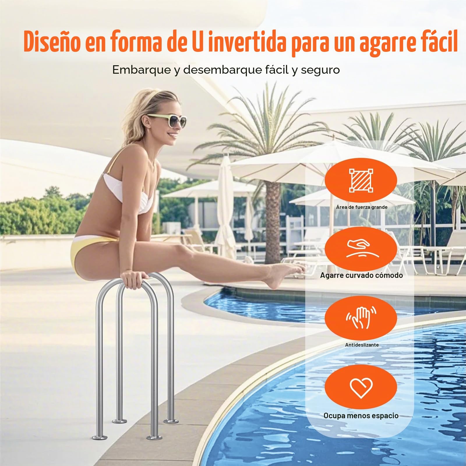 VEVOR Pasamanos para Piscina de Aluminio con Placa Base para Piscinas Interiores y Exteriores, Pasamanos de Seguridad Humanizados para Piscinas, Barra de Apoyo a Prueba de Óxido, 400 x 90 x 915 mm