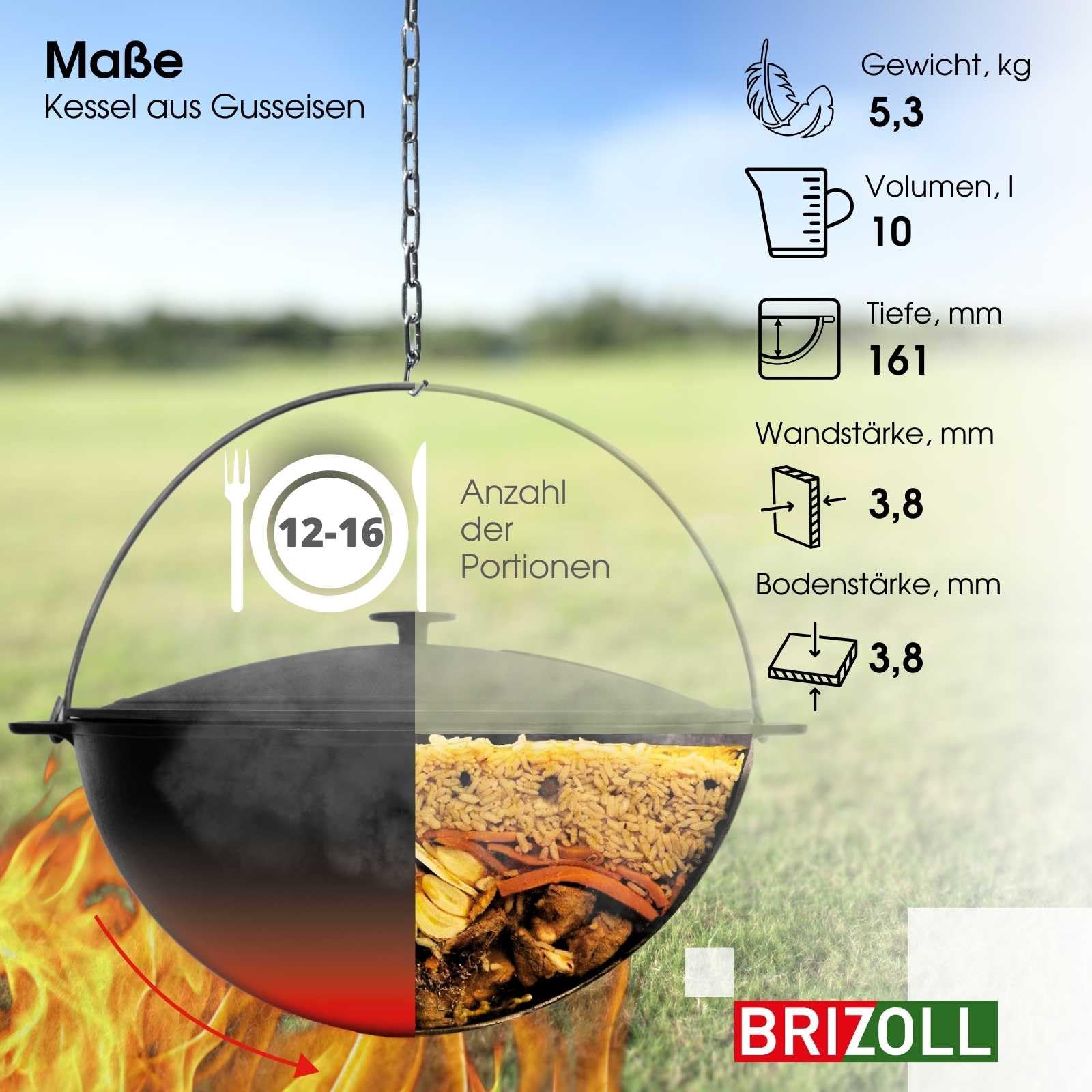 4BIG.fun 10L Gusseisen Schwenktopf Kazan Asia Kasan mit Deckel aus Gusseisen Grillwok Wokpfanne Grill Cast Iron Campingtopf Kessel Wok Traditioneller