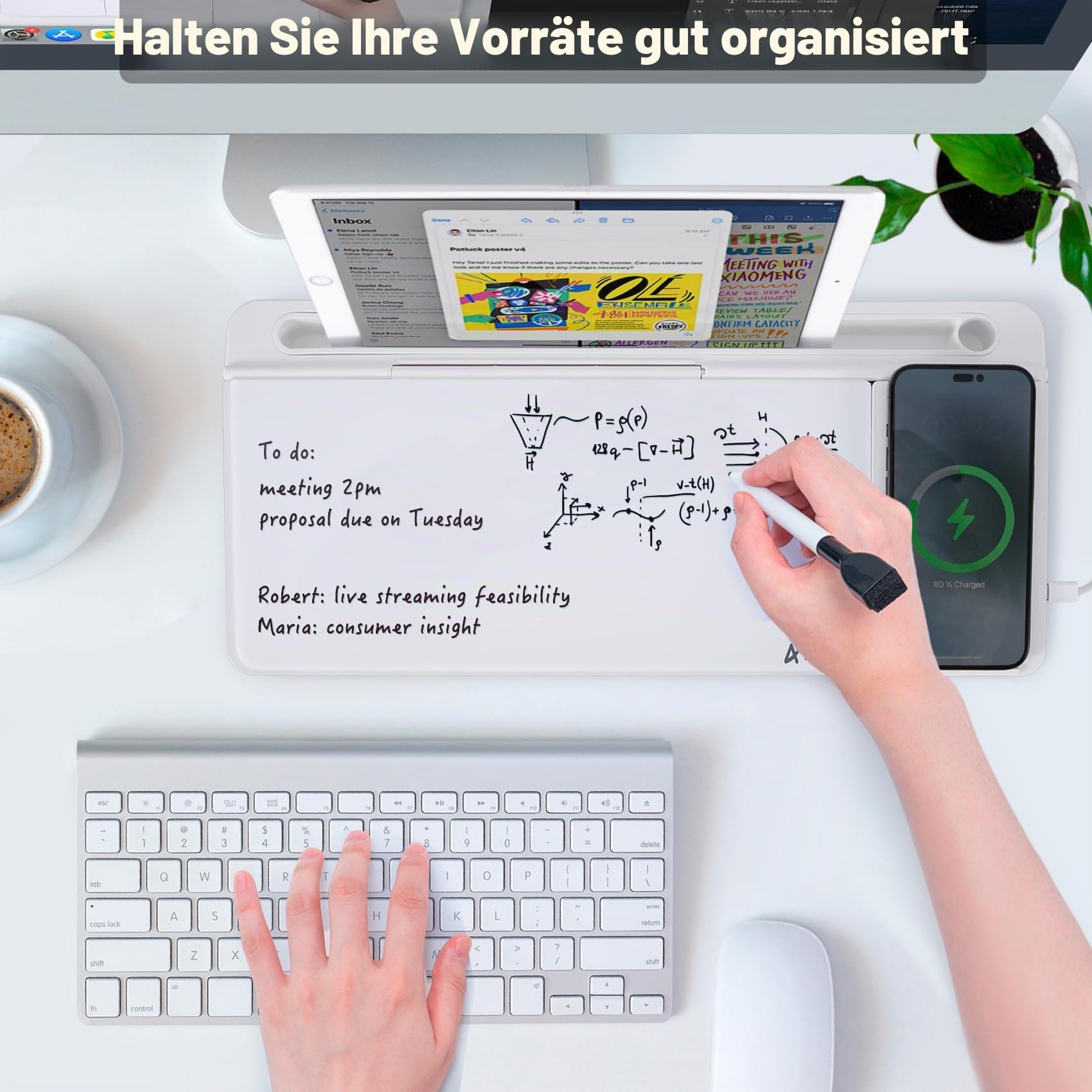 Varhomax Glas-Schreibtisch-Whiteboard mit kabellosem Ladegerät, trocken abwischbare Whiteboard mit Aufbewahrung, To-Do-Liste, Notizblock für Zuhause und Büro