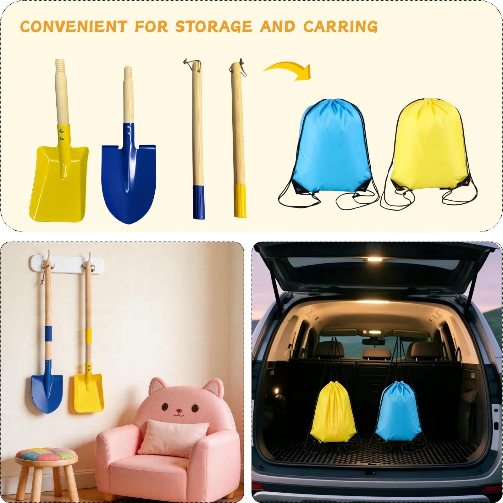 Set di 6 pala da spiaggia staccabili, con manico in legno da 71 cm, con 2 secchi d'acqua e sacchetti per riporre oggetti per bambini, per scavare sabbia e neve, attrezzi da giardinaggio (blu e giallo
