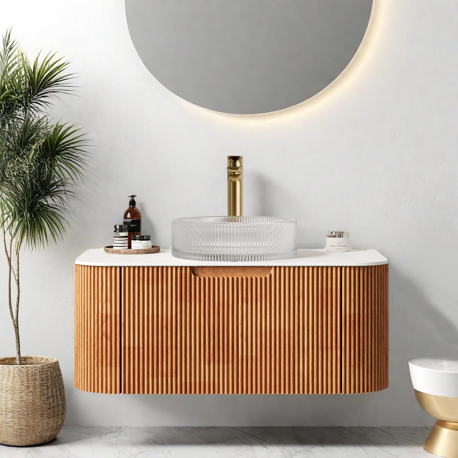 36" Floating Bathroom Vanity with Sink, Bathroom Cabinet with Round Crystal Glass Sink and Ultra-Thin Marble Countertop, Large Storage Drawer, Soft-Close Design, Pre-Assembled, Nature Wood
