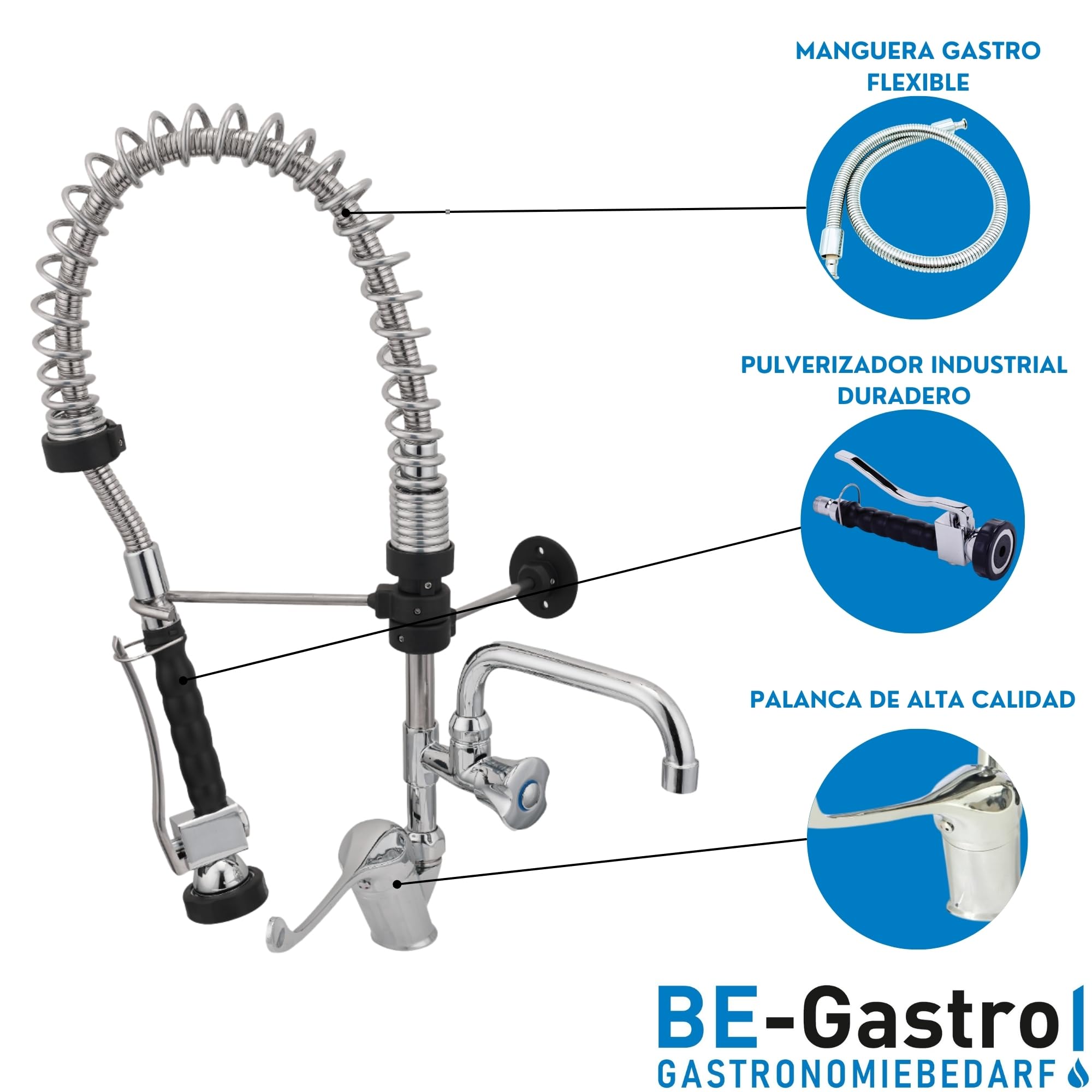 BE-GASTRO I Grifo Industrial Hostelería - Alcachofa de ducha (incluye grifo, grifo mezclador y mango ergonómico de palanca larga, 70 cm)