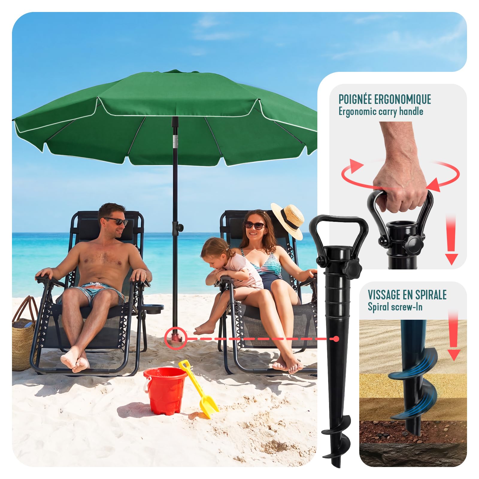 VOUNOT® Sombrilla Playa Grande Ø200cm y Soporte Arena Mástil Inclinable Altura Regulable Protección UV 50+ Parasol con Techo Ventilación Bolsa Transporte para Playa Terraza Balcón Camping Exterior — view 6