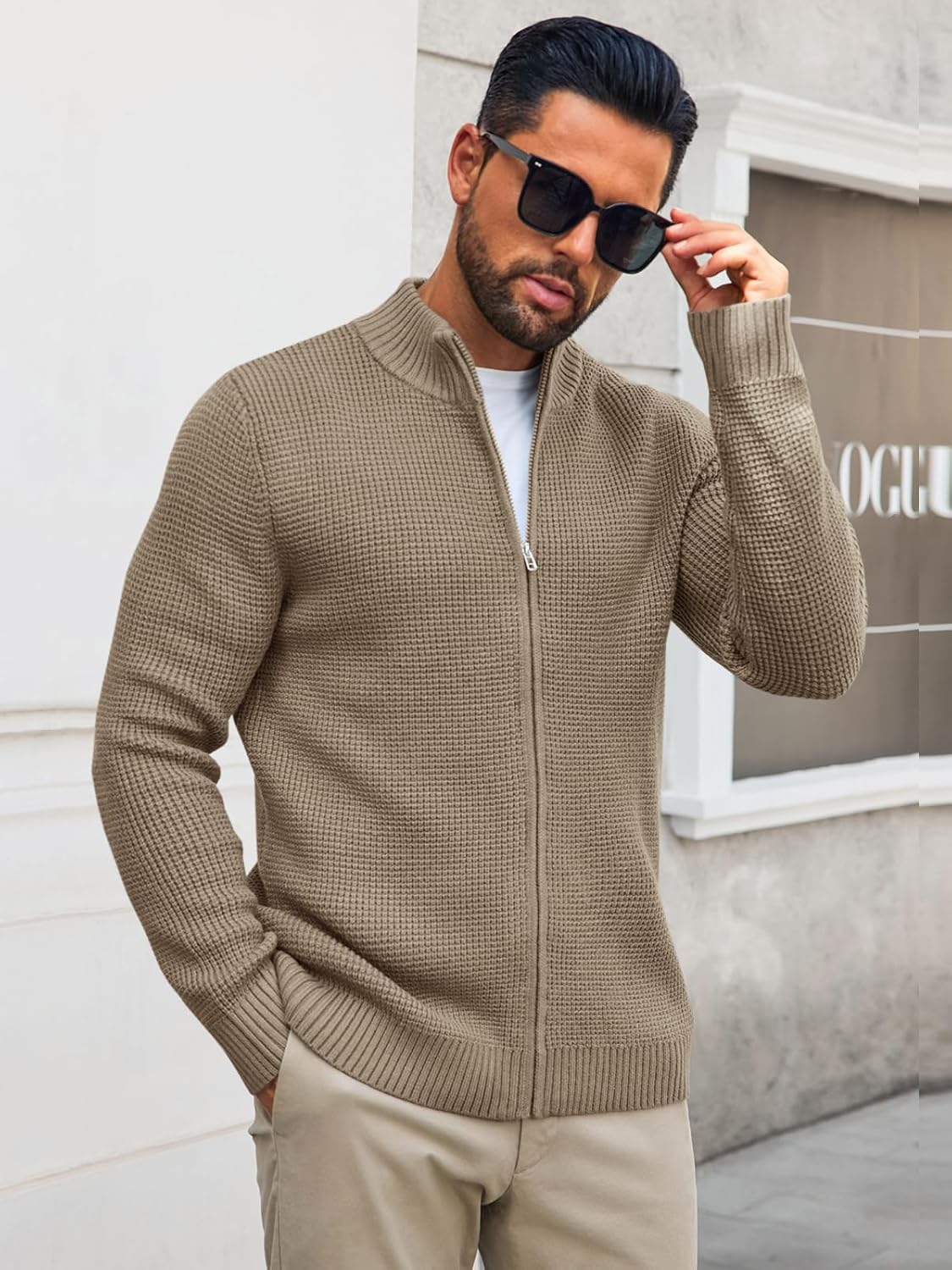 Runcati Mens Full Zip Cardigan Sweater Casual Waffle Stand Collar Knitted Winter Chunky Sweaters - Image 3