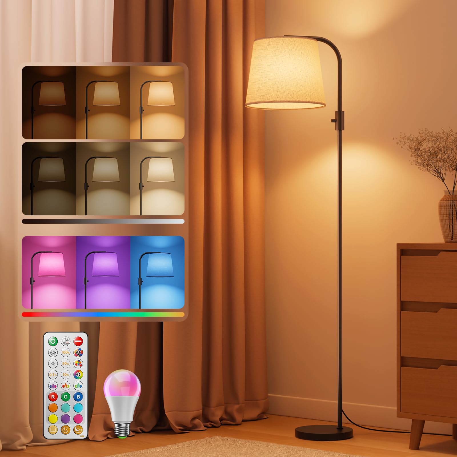 VARICART LED Arc Floor Lamp, 165cm Tall Lamp with Magnetic Remote, RGB Colour Changing & 1600K Amber/4000K Natural White, 10W 1200lm 0.1%-100% Dimmable, 350° Swivel Linen Shade, UK Plug, Black