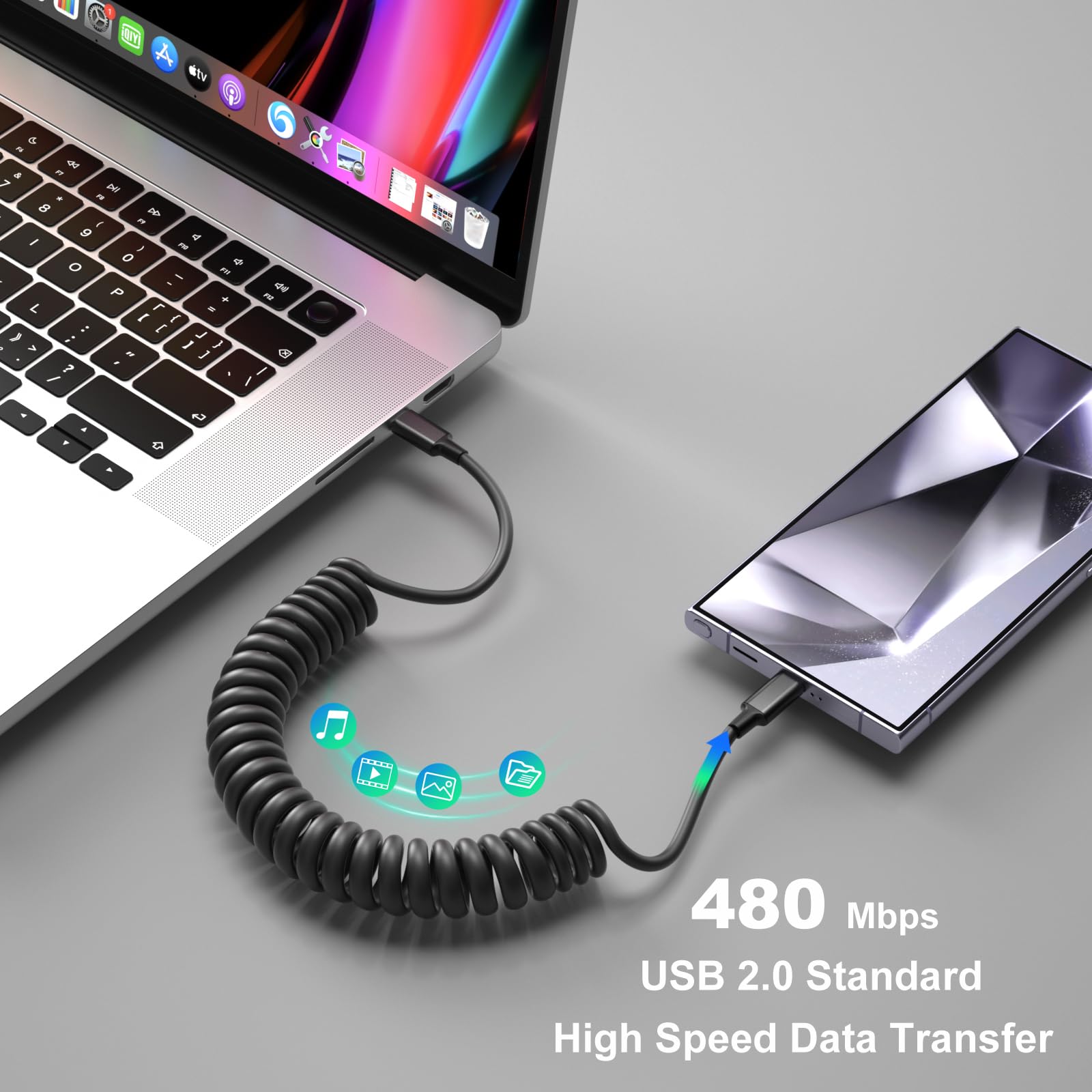 OKRAY Cable USB C en espiral para coche, paquete de 2 unidades de 5 pies USB-C a USB-C de 60 W, cable de carga rápida tipo C, cable de carga retráctil para coche, compatible con teléfono 15 Pro Max/15