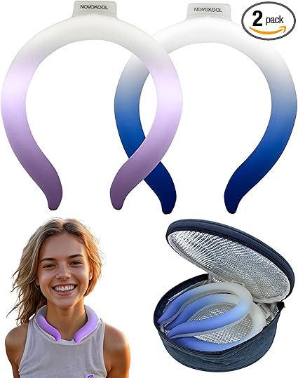 2 Pack Neck Cooling Tube with Insulated Bag - Reusable Ice Ring Neck Cooler Indoor Outdoor - Wearable Cooling Wrap - Relief for Summer and Hot Flashes - Ice Ring Freezes Under 64℉(Purple+Blue)