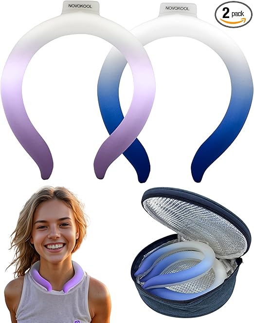 2 Pack Neck Cooling Tube with Insulated Bag - Reusable Ice Ring Neck Cooler Indoor Outdoor - Wearable Cooling Wrap - Relief for Summer and Hot Flashes - Ice Ring Freezes Under 64℉(Purple+Blue)