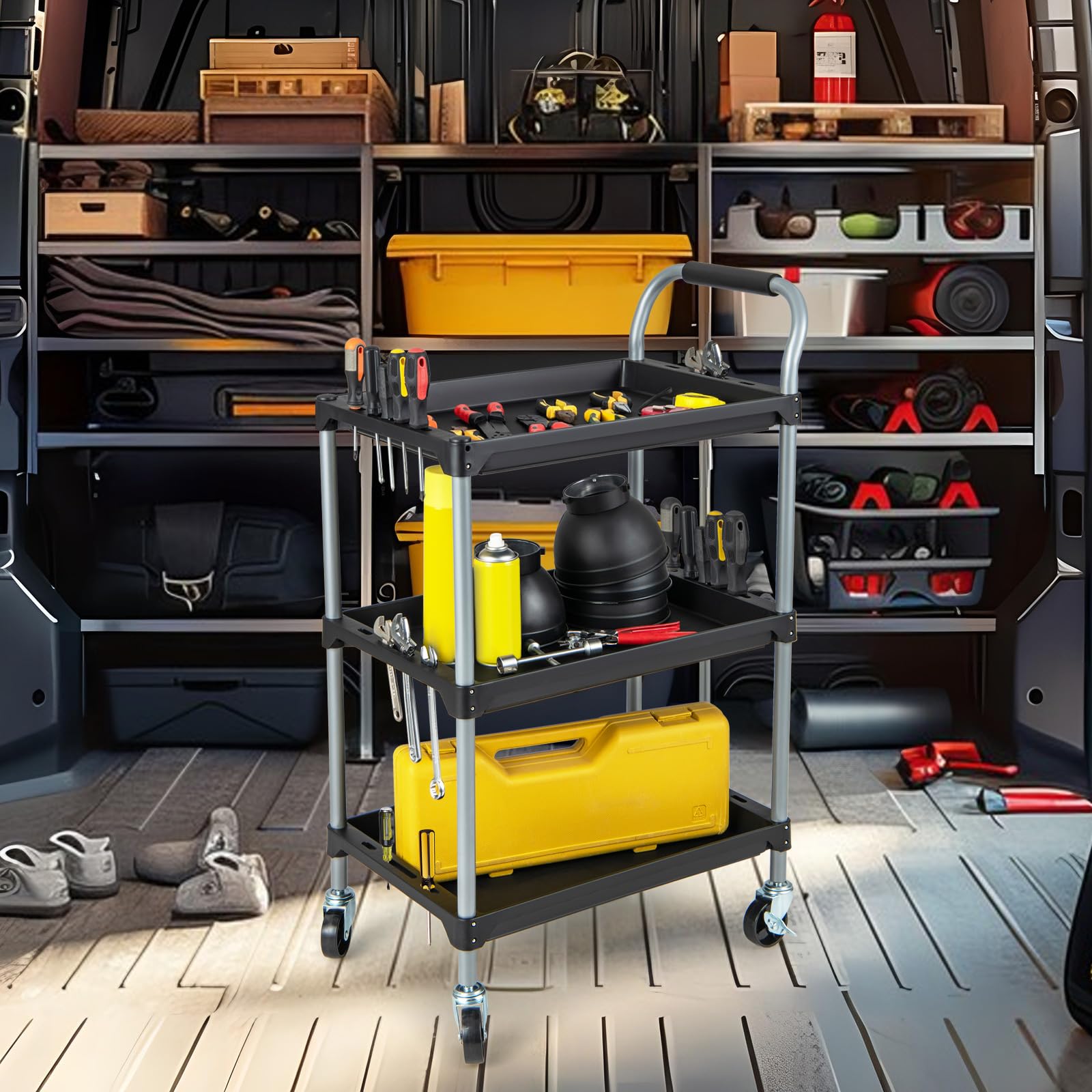COSTWAY Carro de Herramientas de 3 Niveles, Carro de Taller de Metal con 4 Ruedas Universales y Mango de Esponja, Carrito de Herramientas Multiusos para Garaje Mecánico Hogar (64 x 40 x 102 cm)