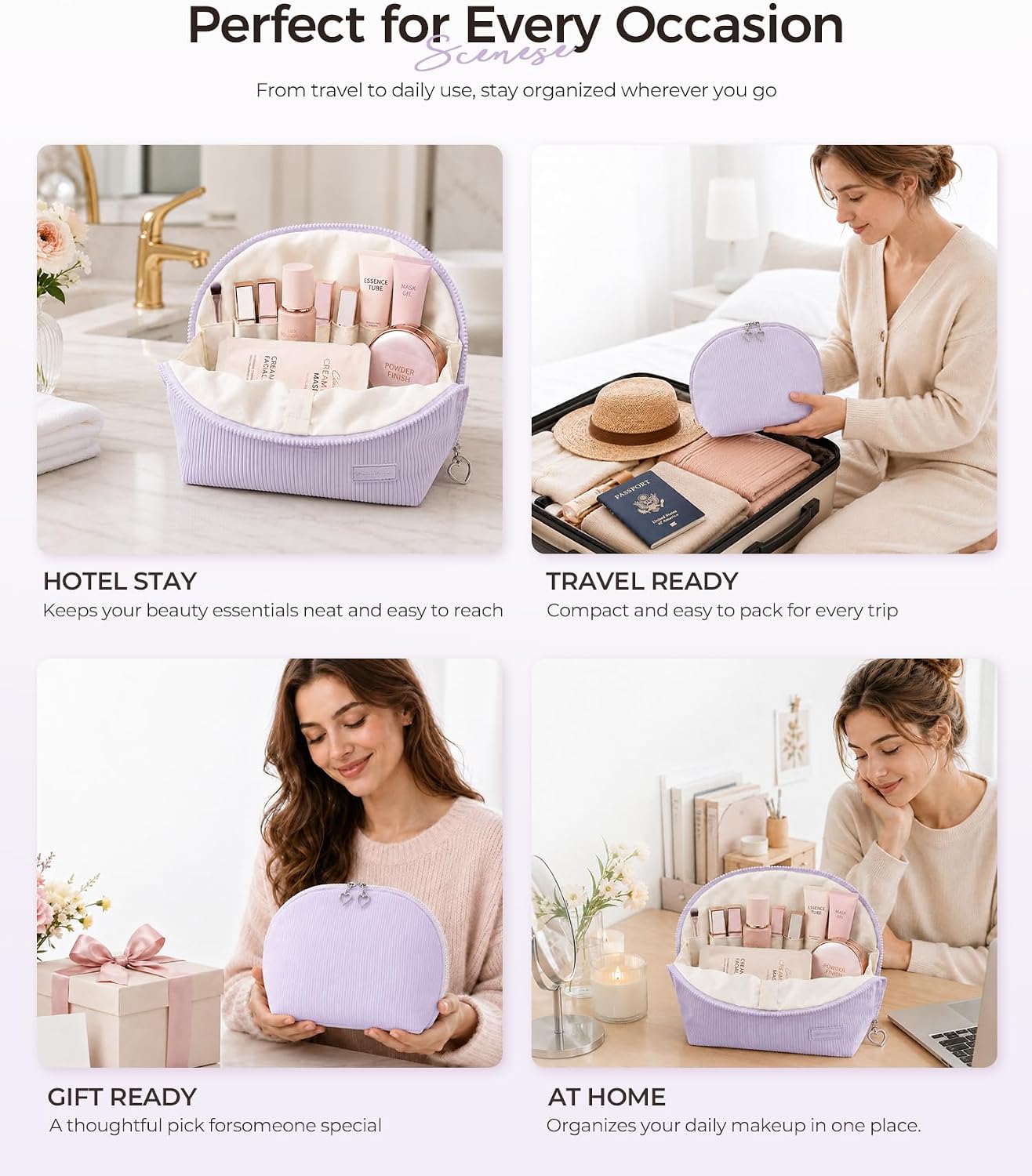 Parallel Traveler Makeup Bag, Shell Shape Magnetic Hold-Open Cosmetic Bag, Fold-Down Design, Large Capacity Waterproof Organizer with Compartments for Travel Essentials, Purple