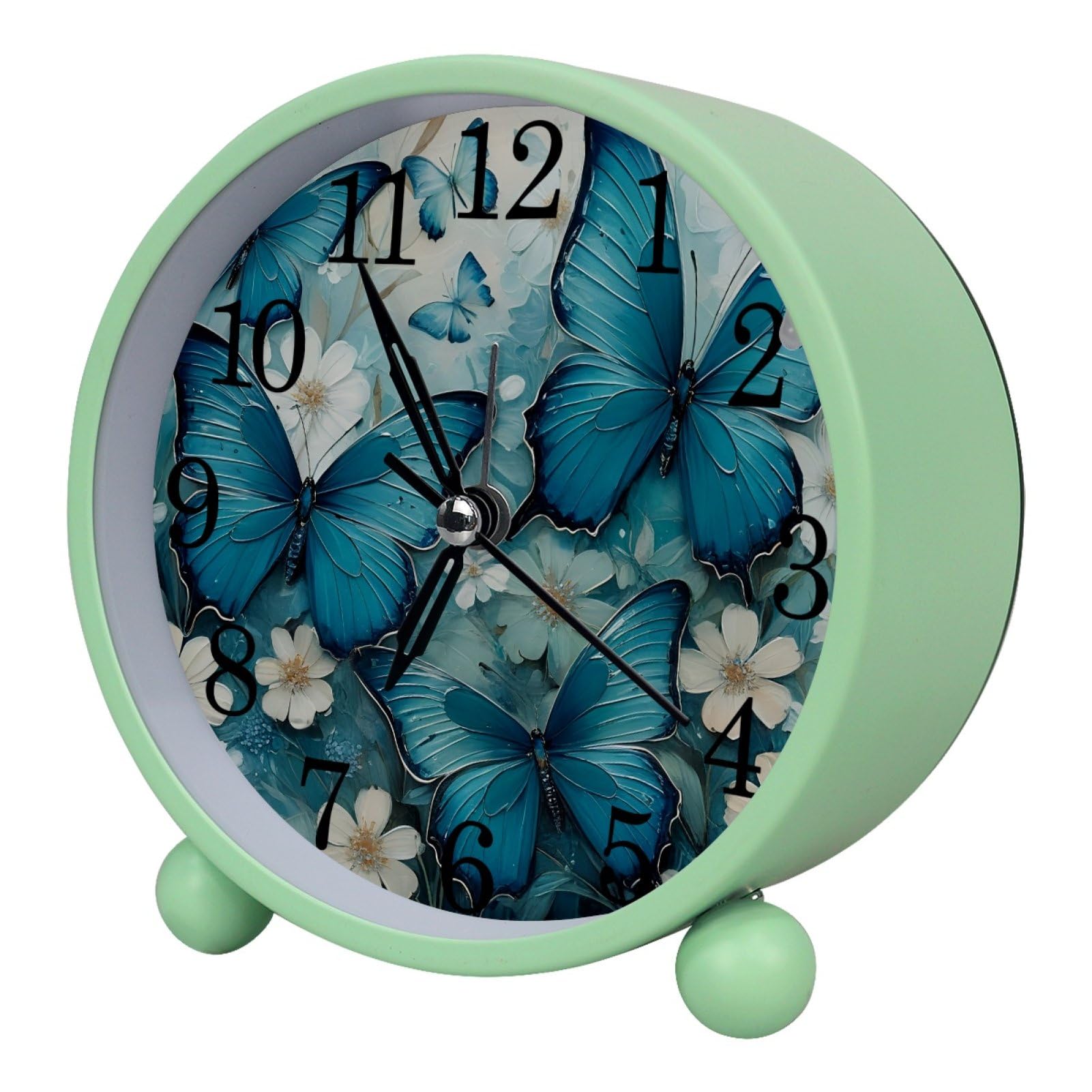 etoenbrc Watercolor Butterfly and Flower Round Battery Operated Bedside Alarm Clock Non-Ticking Desktop Silent Analog Alarm Clock with Light