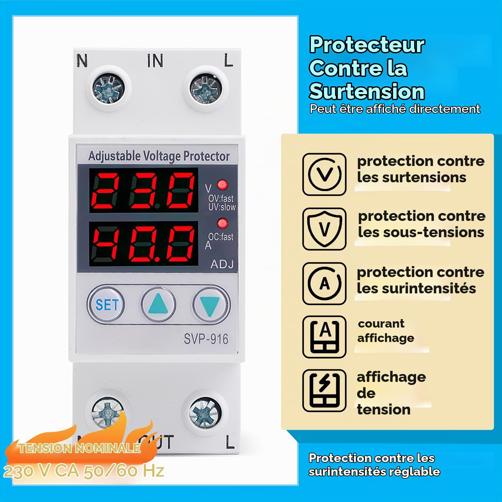 DeWin Protecteur de Courant de Tension, Protecteur de Courant de Surtension et de sous-Tension Réglable Monophasé Intelligent 40A AC 230V