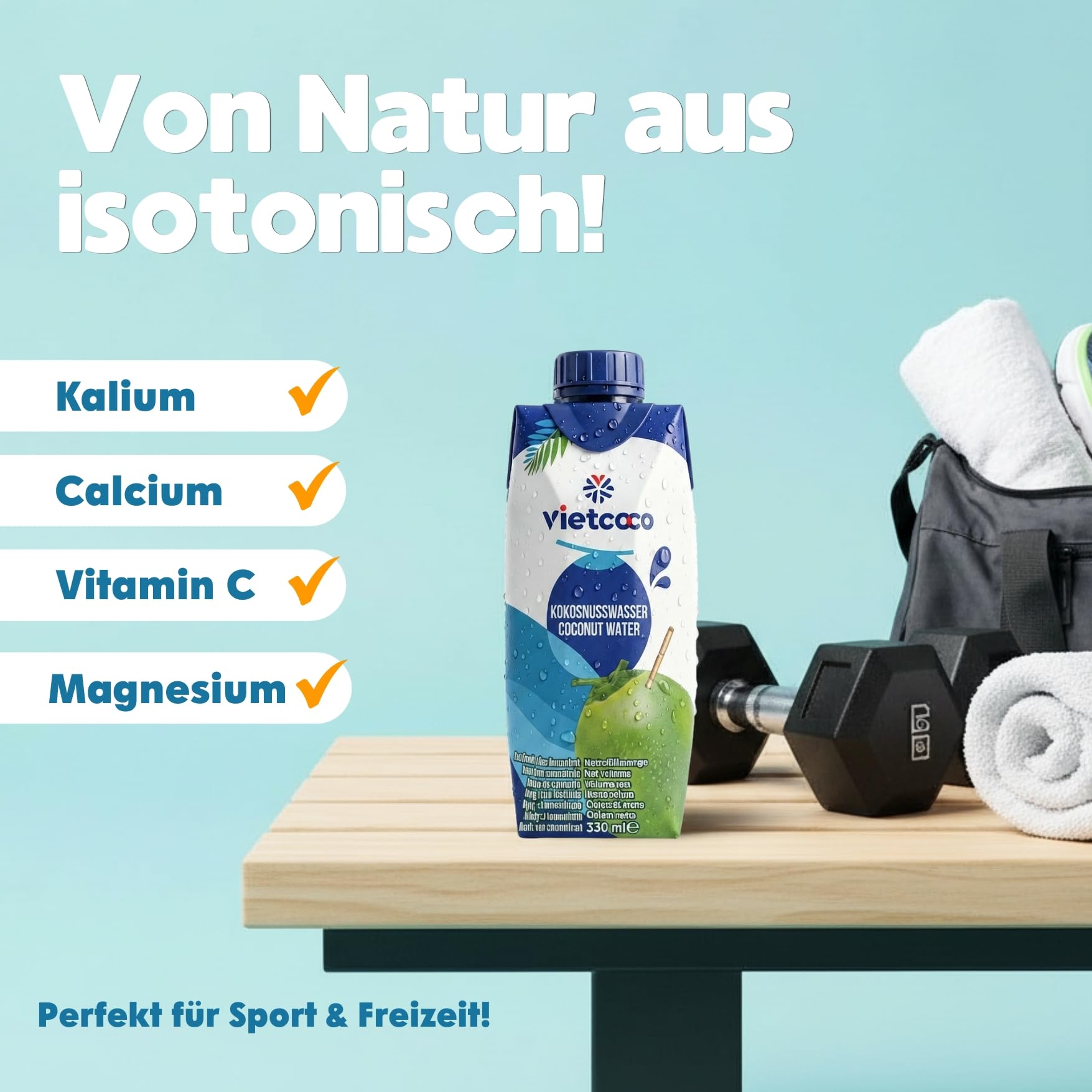 Vietcoco Kokoswasser 12 × 330 ml – 100% Pures Kokoswasser – ohne Zucker – Reich an Elektrolyten & Vitamin C – Erfrischend im Geschmack – Kalorienarm – Isotonisch & Lecker