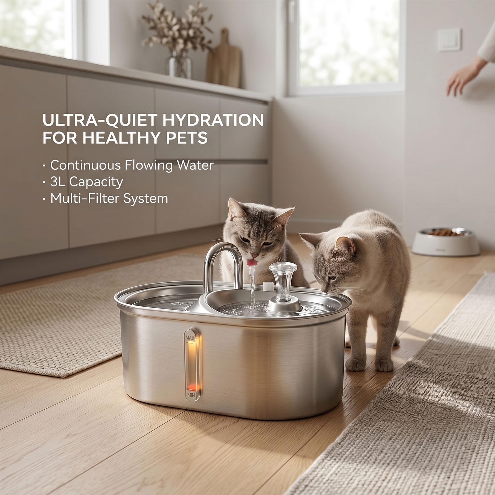 banapoy Fuente Agua para Gatos Cuenco Comida, Actualización 2 en 1, Dispensador Agua Acero Inoxidable 3 litros, Alimentador Alimentos para Perros Pequeños Gatos, Suministros Beber