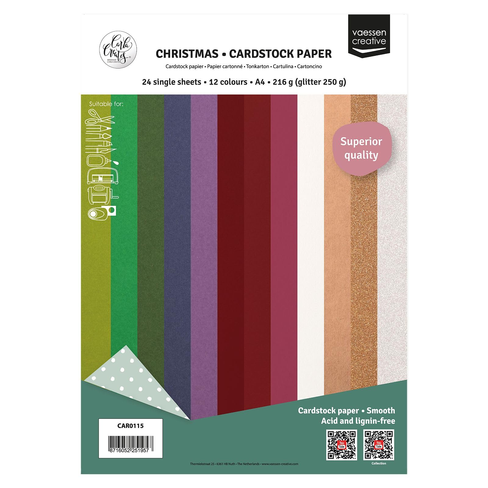 Vaessen Creative Cartoncini Colorati A4 24 Fogli Carta Creativa per Scrapbooking e Fai Da Te
