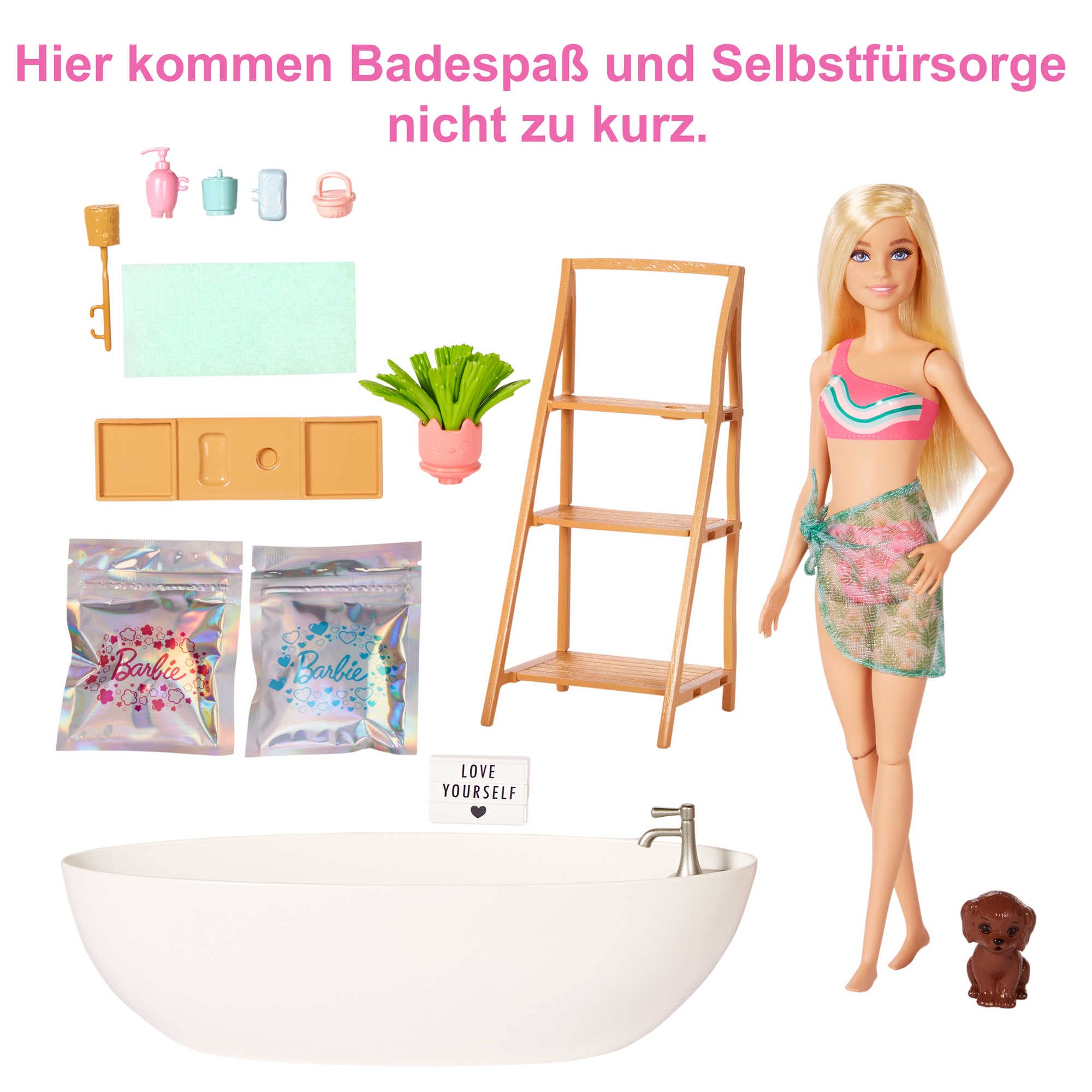 Spielset mit Barbie-Puppe mit Hündchen und Badewanne, Kinderspielzeug, Blond, farbenfrohe Konfettiseife und Zubehör, Thema Selbstfürsorge und Wellness, HKT92