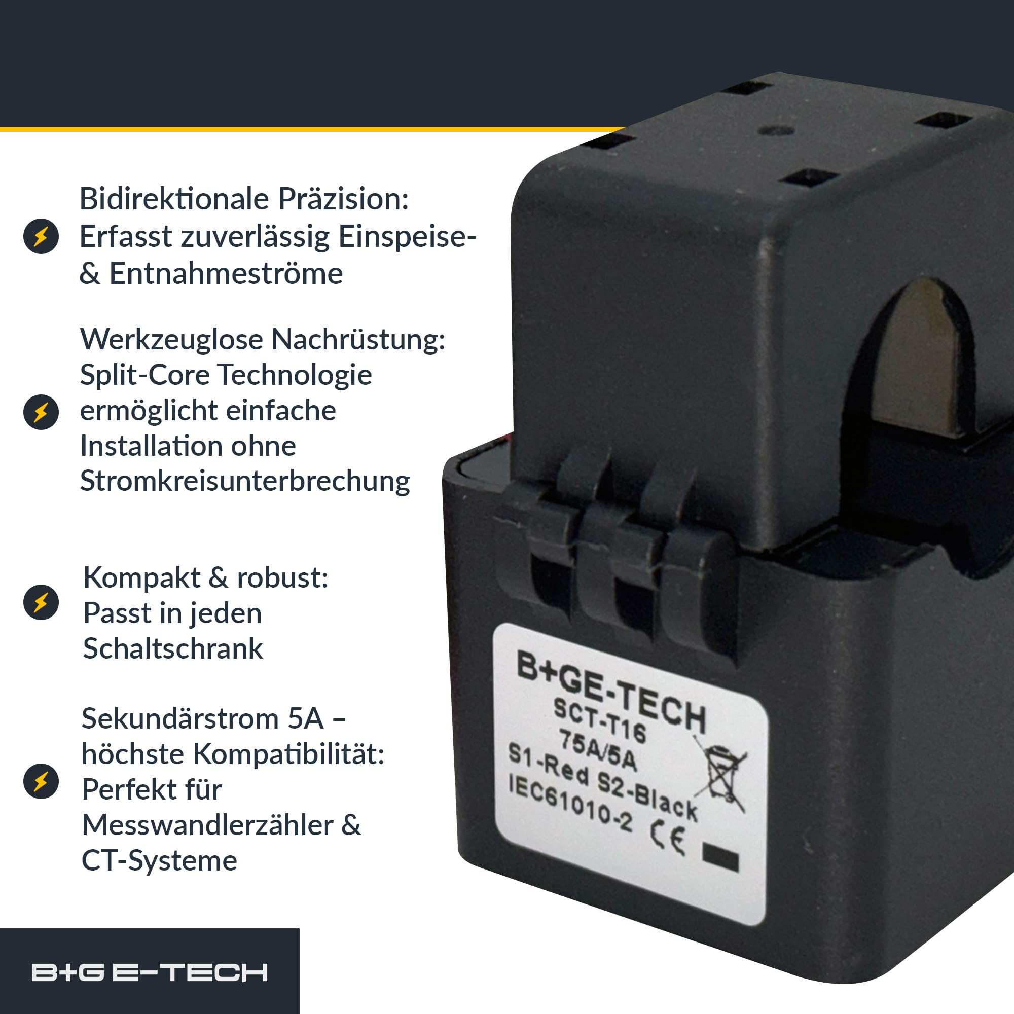 Stromwandler [SCT-Serie] – Split-Core Stromsensor für präzise Lastmessung – Klappwandler für Stromzähler & PV-Wechselrichter – Effiziente Leistungsmessung & einfache Installation (SCT-T24 100/5A)