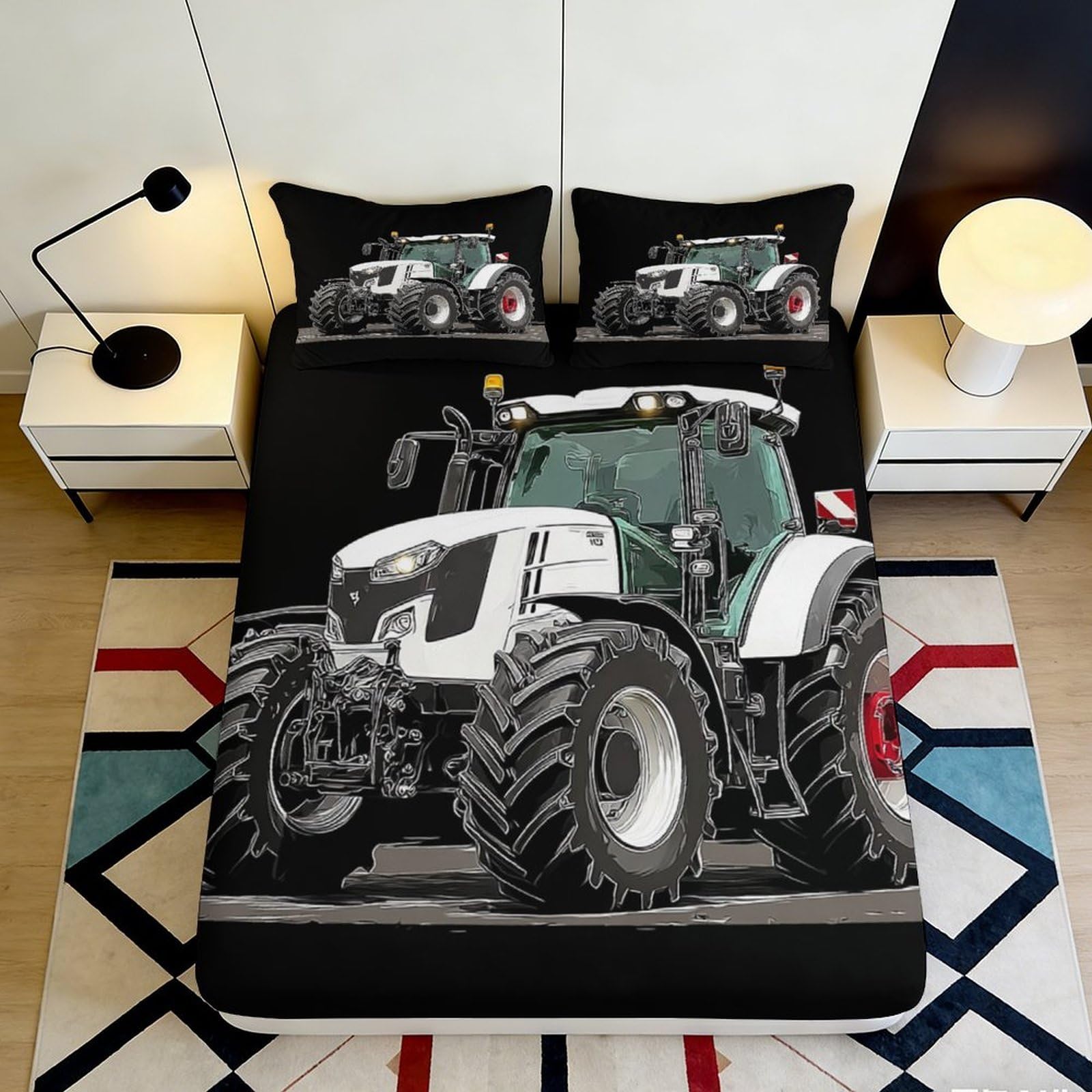 3D Printed White Tractor Fitted Sheet Microfiber Soft Black Farm Vehicle Bed Cover for Bedroom Guestroom Dorm Decor 90x200x25cm