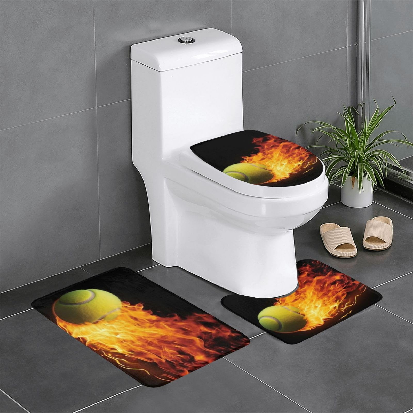 Tapis de bain antidérapants Burning Tennis Pictures 3 pièces pour sol sec et sécurisé