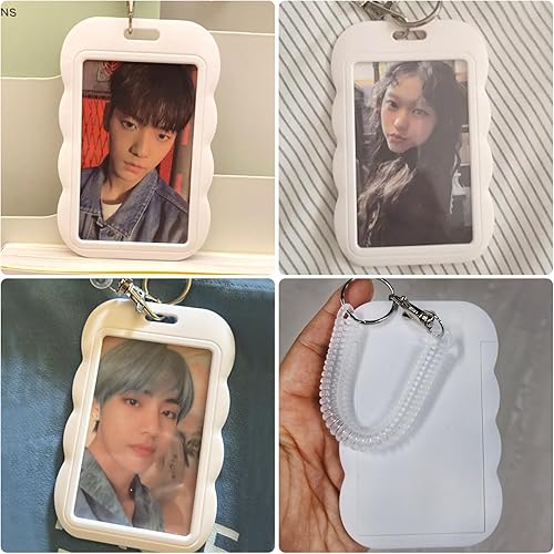 Miniatura 9 de Llavero acrílico para tarjetas fotográficas, soporte para tarjetas de identificación de 3 pulgadas, tarjeta de autobús, cuentas de colores, colgante