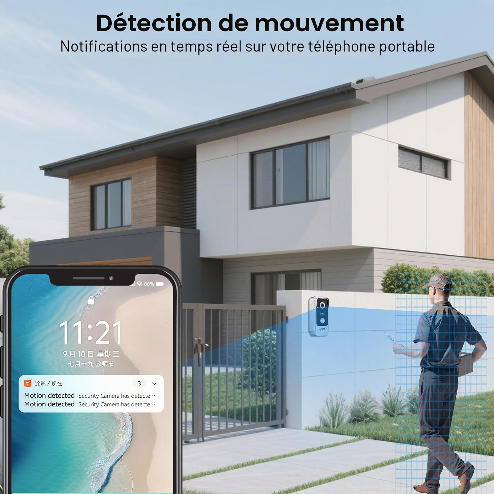 Système Interphone de Sonnerie Vidéo WiFi à 2 Fils, Caméra Vidéo HD 1080P avec Moniteur écran Tactile de 7 Pouces pour la Maison, Vision Nocturne IR, Carte RFID/Tuya APP Déverrouillage