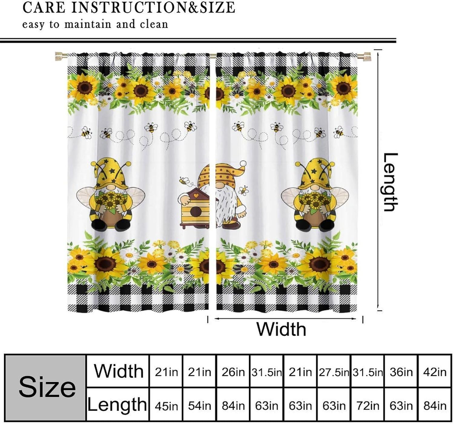 Bee Gnome Curtains,Sunflower Pattern Black White Grid Rod Pocket Blackout Window Treatments for Girls Boys Bedroom Kitchen Living Restaurant Cafe 42" W X 45" L
