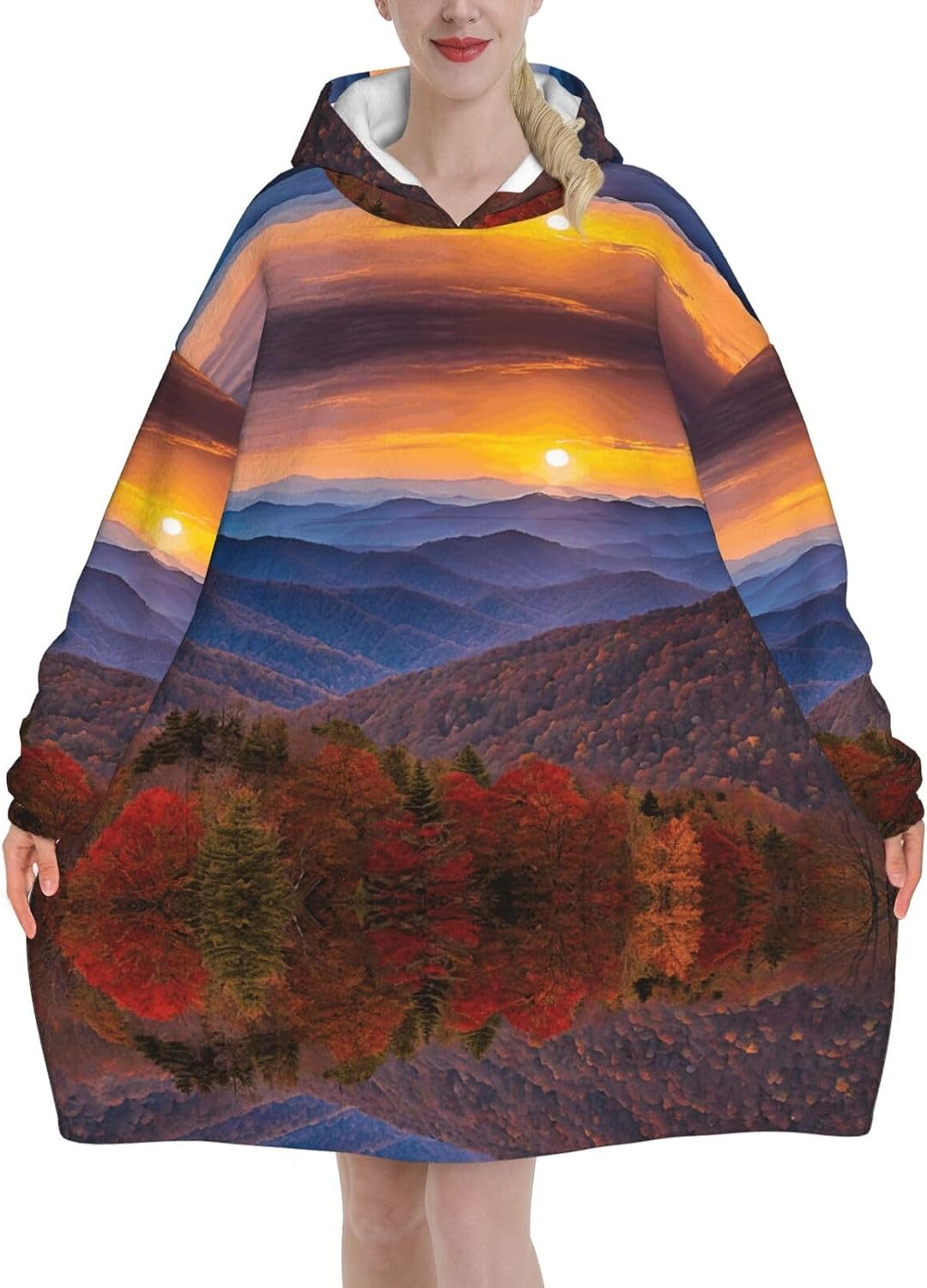 MUSM Blue Ridge Parkway Mountains Print Blanket Hoodie Fleece Sweatshirt Blanket With Sleeves And Pockets