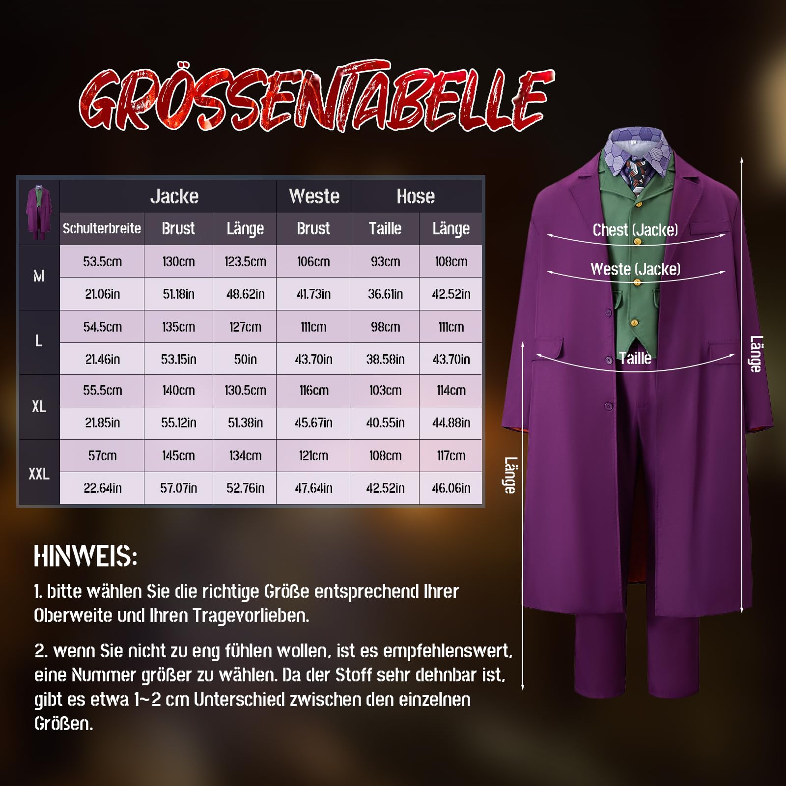 IEEILULU Joker Kostüm Herren, Horror Clown Kostüm Herren Halloween Killer Joker Outfit Set mit Lila Mantel, Grüne Weste, Hose, Krawatte, Falschem Hemdkragen und Handschuhen für Halloween