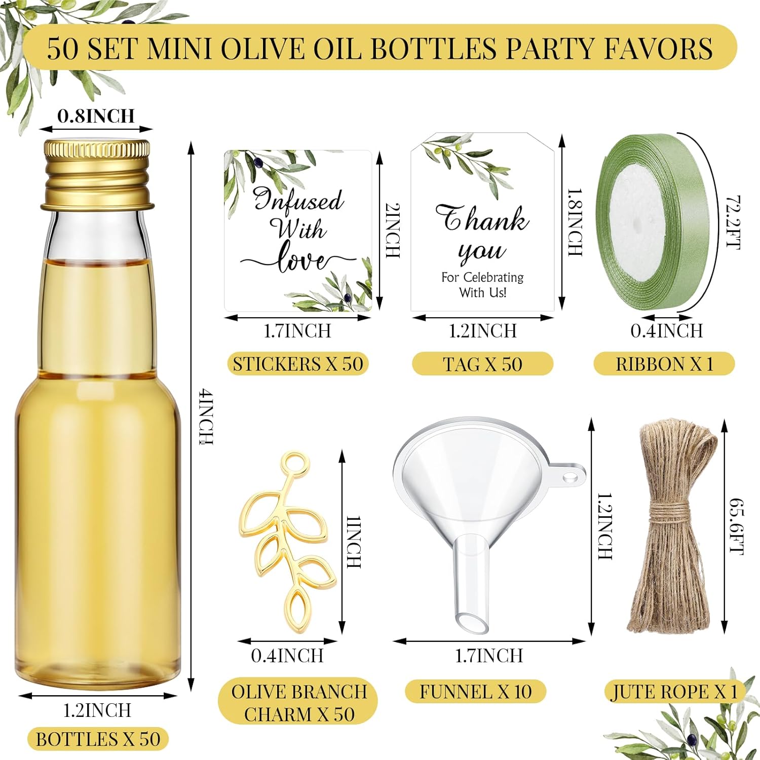 Suclain 50 Set Mini Olive Oil Bottles 2 oz Small Homemade Olive Oil Plastic Bottles with Caps Funnels and Tags Reusable Containers for Wedding Baby Shower Favors