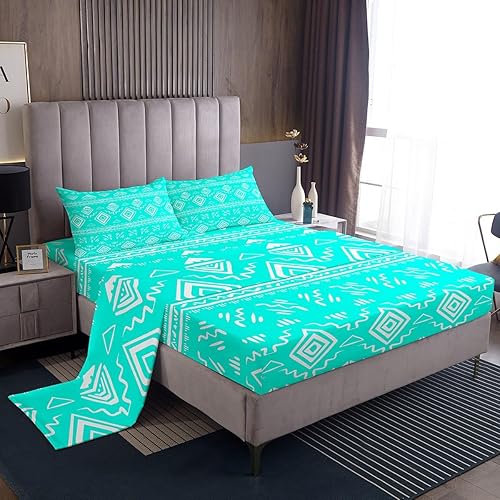 Erosebridal Juego de sábanas aztecas turquesa, estilo bohemio occidental, color verde azulado, bohemio, geométrico, juego de ropa de cama