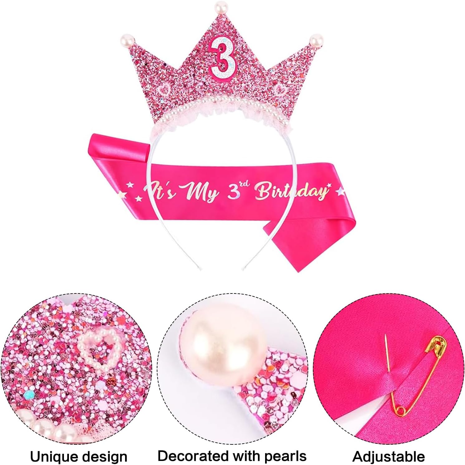 3rd Birthday Crown and Sash Set,3rd Birthday Decorations for Girls,Princess Crown Headband,Princess Tiara Glitter Pearl Hair Band,3 Year Old Party Outfit Gifts Pink