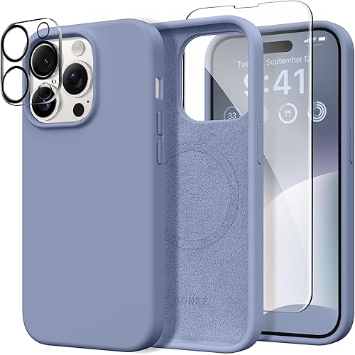 Funda de silicona para iPhone 14 Pro Max, compatible con MagSafe, con 2 protectores de pantalla + 2 protectores de lente de cámara, silicona líquida
