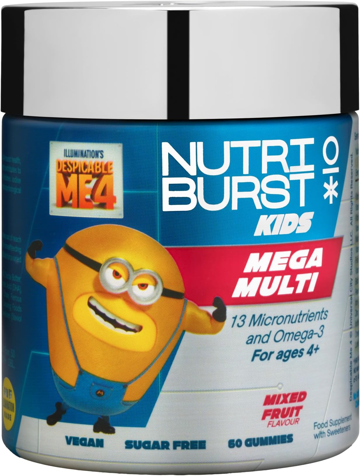 Nutriburst Minions MEGA Multi Vitamins for Kids - Chewable Multivitamins for Growth & Development: Vitamin A, B12 C, D3, E, Iron, Omega-3 - Vegan + Sugar Free - Fruity Flavour - 60 Gummies