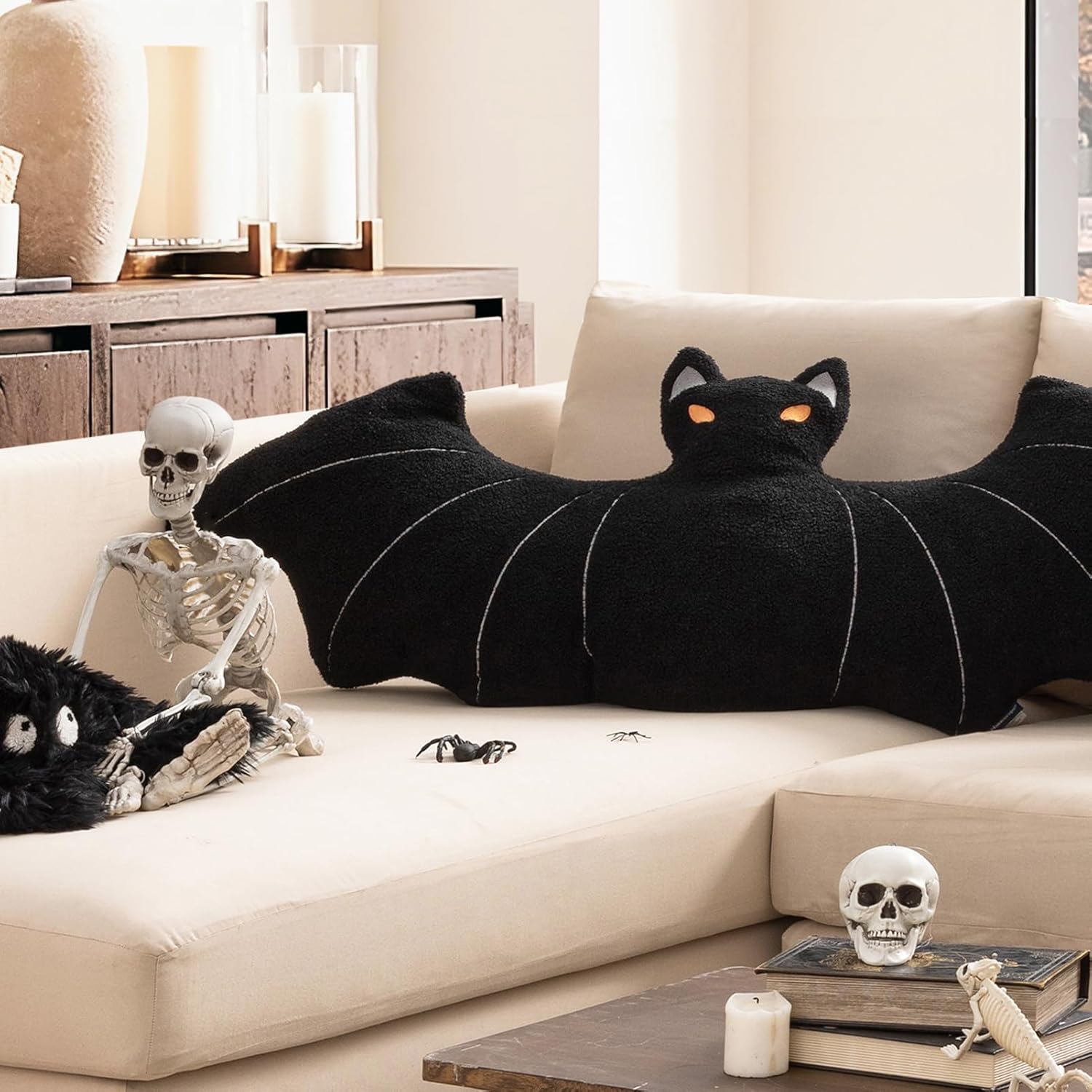 Phantoscope Happy Halloween Bat Shaped Throw Pillow, Large Body Pillow Teddy Fleece Embroidery Decorative Fall Decorative Halloween Pillow for Couch, Sofa, Bed, Black 22 x 48 inches