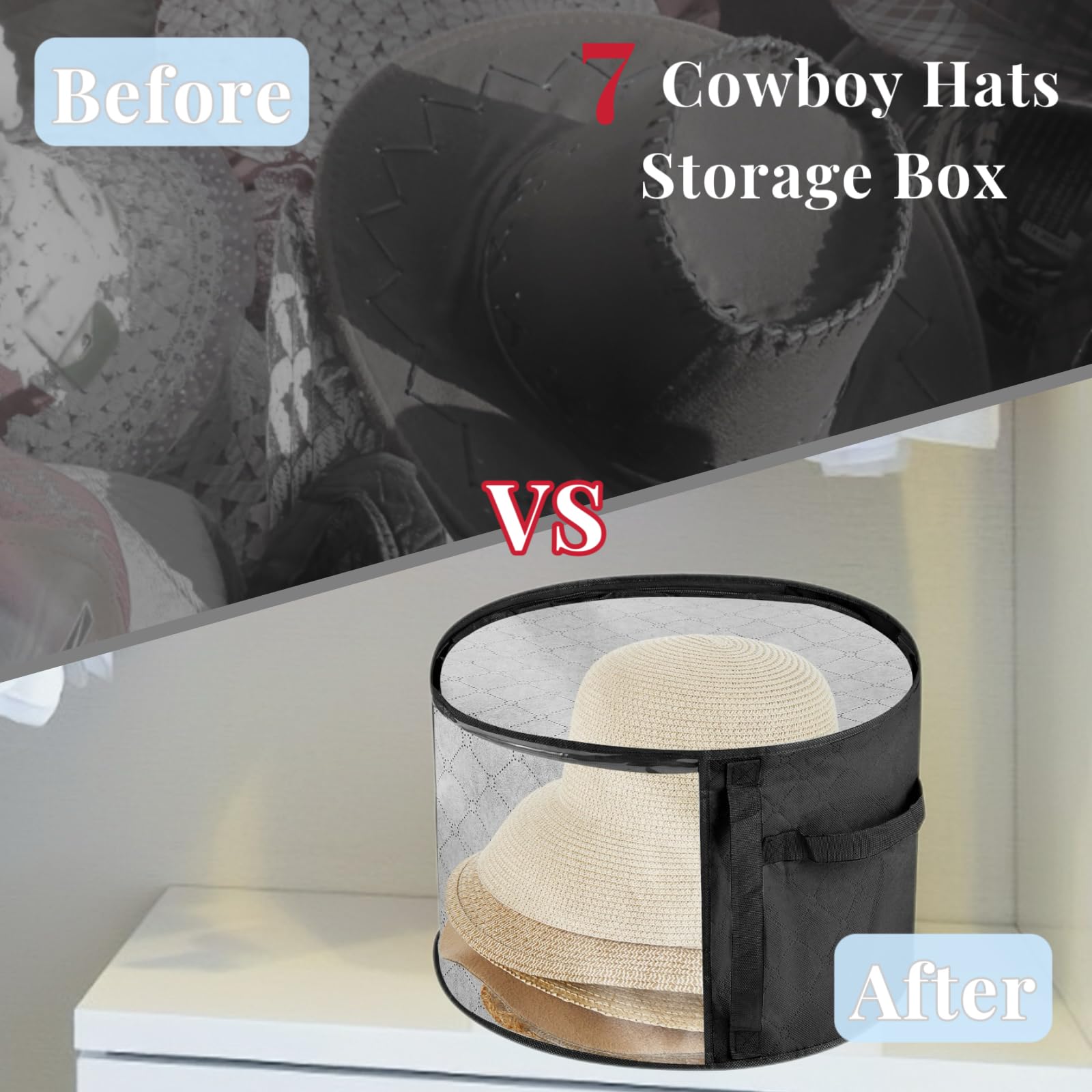 Rannyfol Oversized Clear Hat Box Storage for 7 Caps, Portable Cowboy Hat Box with Zipper for Women Men Travel, Hat Case Hat Organizers (Black)