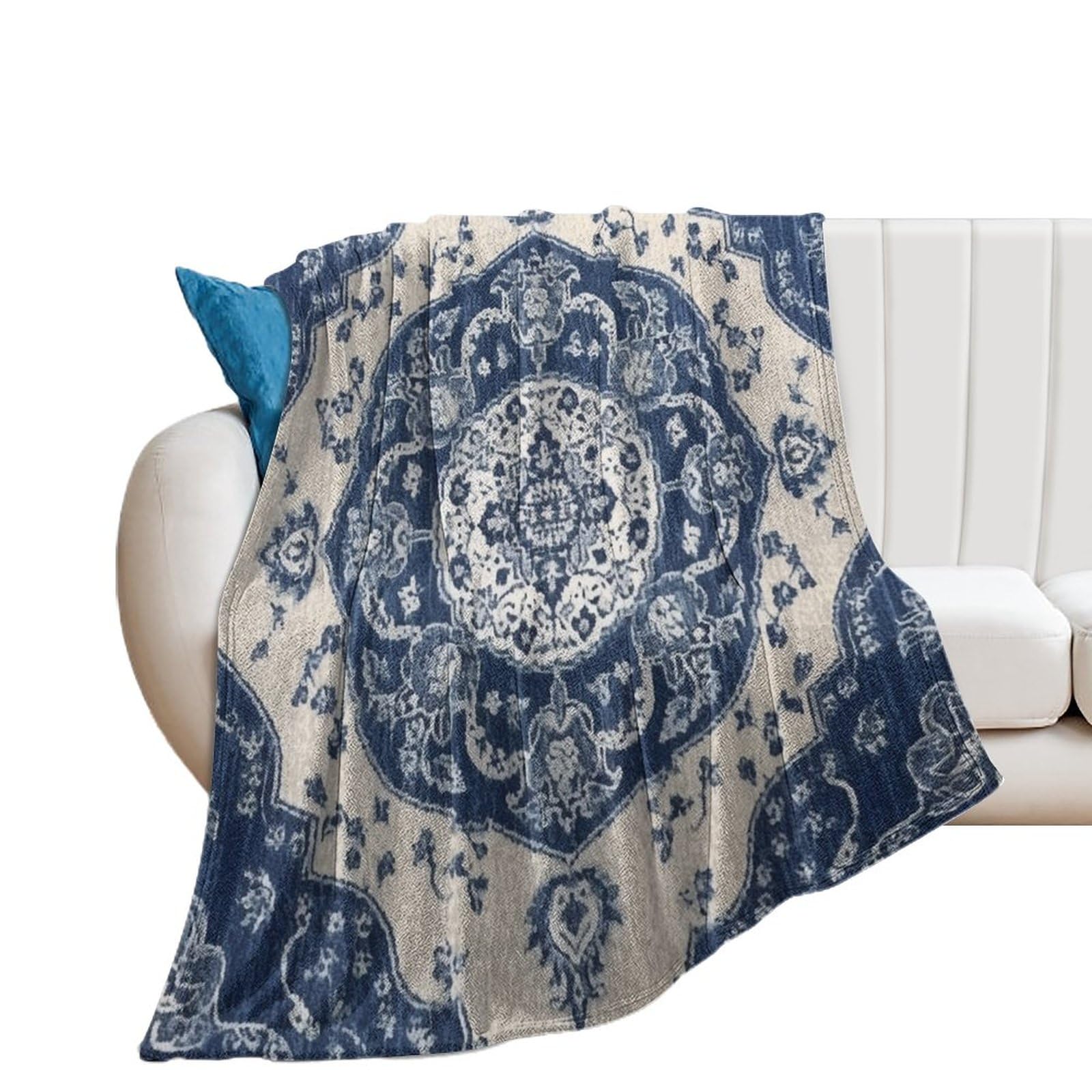 Classical Navy Blue Damask Pattern Blankets And Throws, Thicken Office Nap Throw Blankets for Man Women, Fluffy Lightweight Plush Super Soft Warm Flannel Blanket for Couch Bed Sofa Chair 50x60in