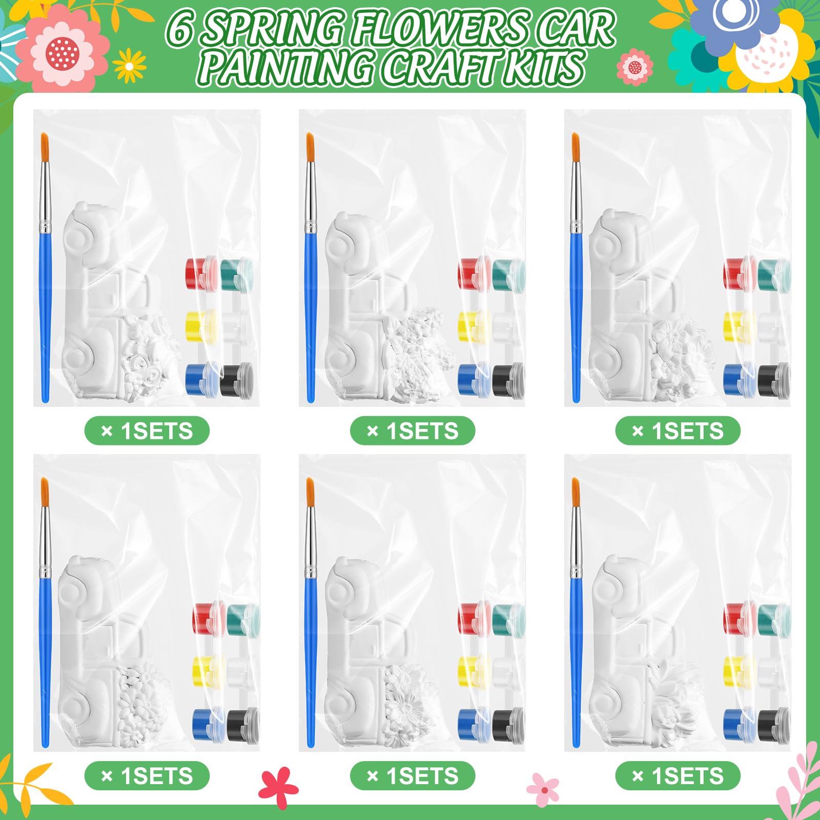 JellyArch 6 Set Frühling DIY Malerei Kit Keramik 3D Keramik LKW mit Blumen zum Bemalen Ihres eigenen LKWs mit Gänseblümchen, Sonnenblümchen, Tulpen, Statuen, unlackiertes Gips, Handwerk mit Pinsel,