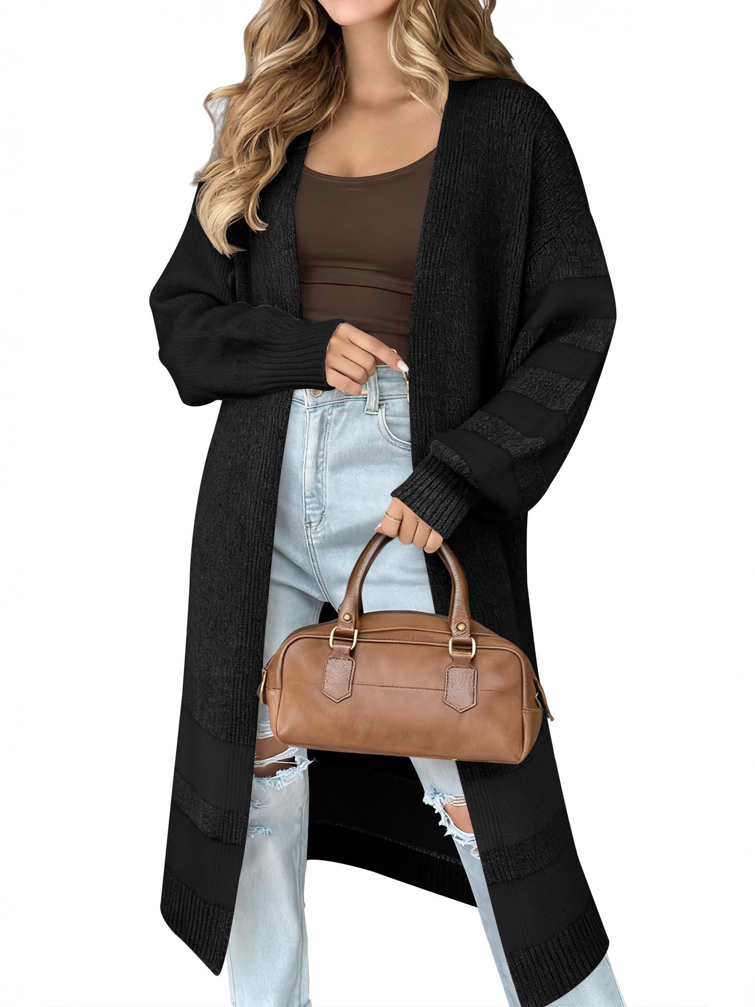 Caracilia Womens Oversized Long Cardigan Sweaters Color Block Open Front Duster Coat Knit Outwear 2025 Fall Outfits