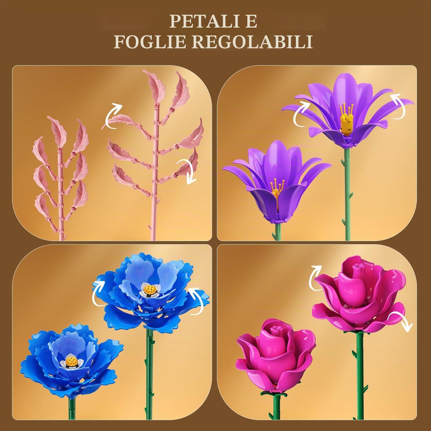 CUBIMANA Set di bouquet di fiori con luce LED, 21 fiori, collezione botanica giocattolo, decorazione per piante per la casa di rose, 1054 pezzi, per lei adulti, donne, mamma, bambini, ragazze dai 12