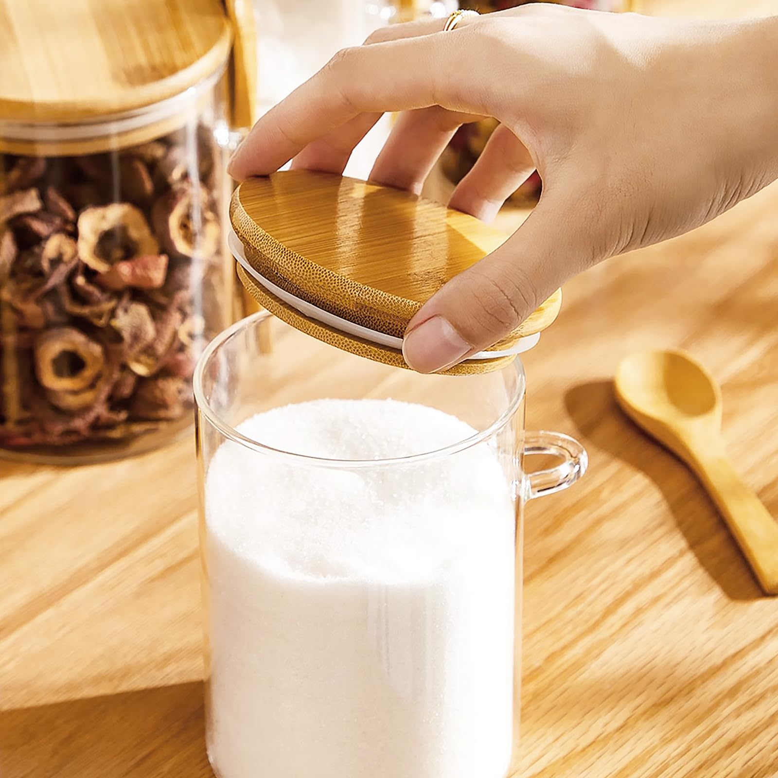 Glass Storage Jars with Bamboo Lids and Spoon, 500ML/17OZ Set of 4 Small Glass Sugar Jar Salt Container with Wooden Lids and Scoop, Coffee Tea Jars for Loose Tea, Coffee Bar Containers