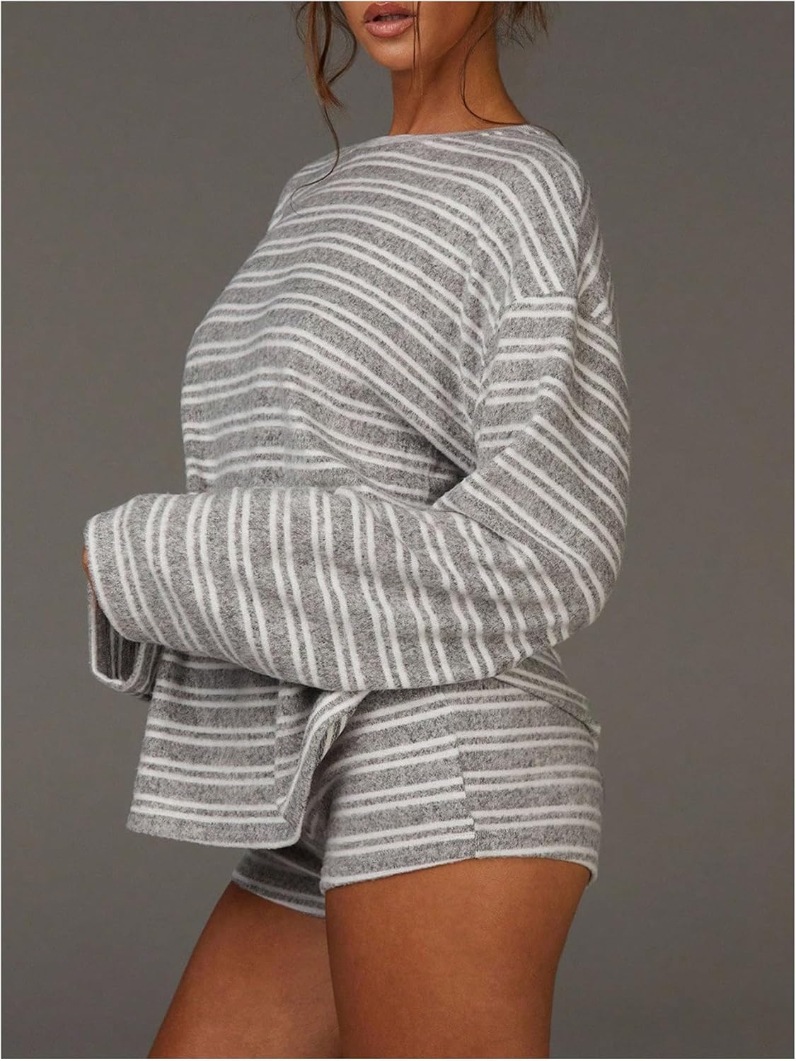 MakeMeChic Women's Striped Lounge Set 2 Piece Outfits Long Sleeve Tops Mini Shorts Sets Loungewear - Image 2