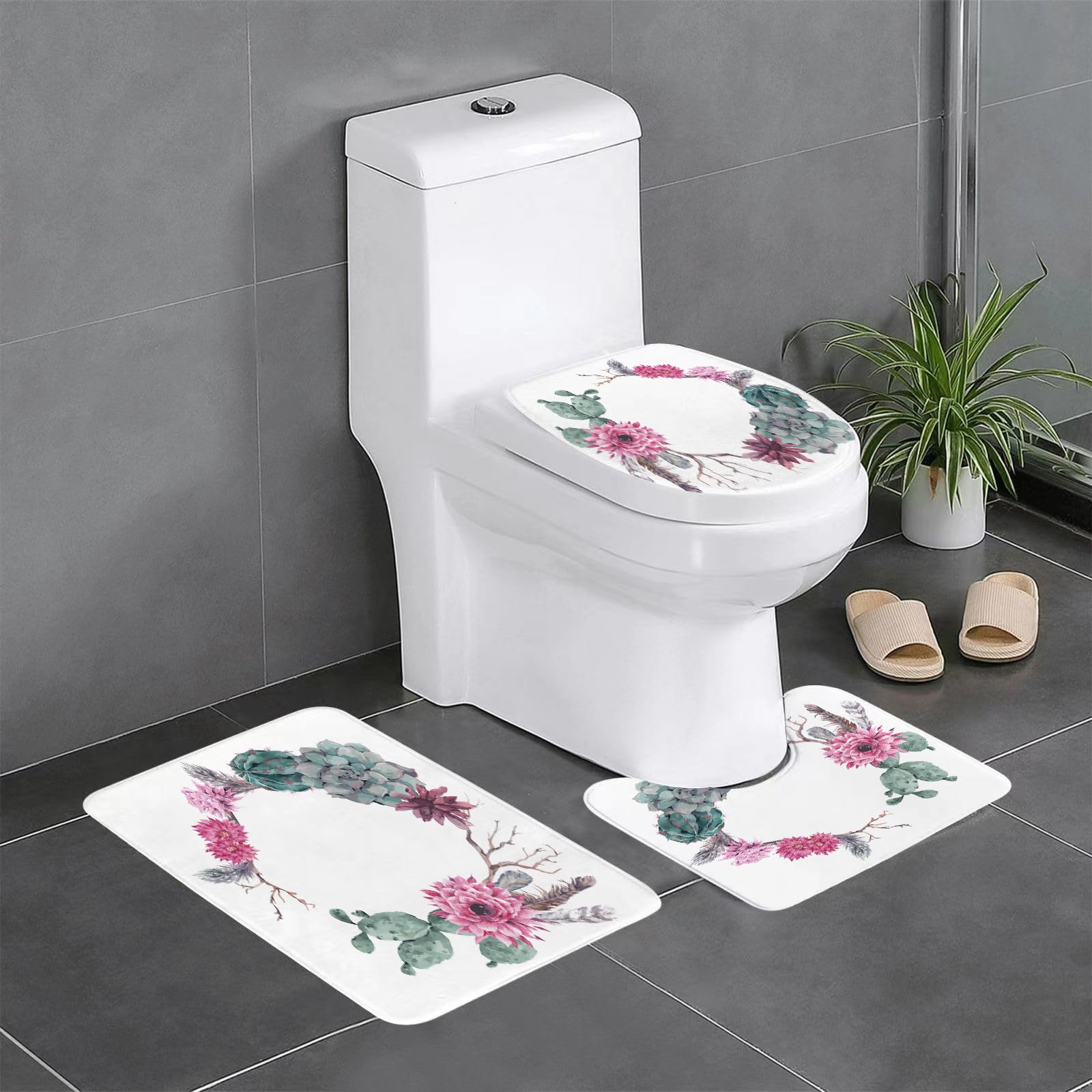 Set di 3 tappetini da Bagno, Lavabili in Lavatrice e Antiscivolo, in Morbida Fibra Superfine, con Motivo Floreale Vintage Estivo in Stile Boho Chic.