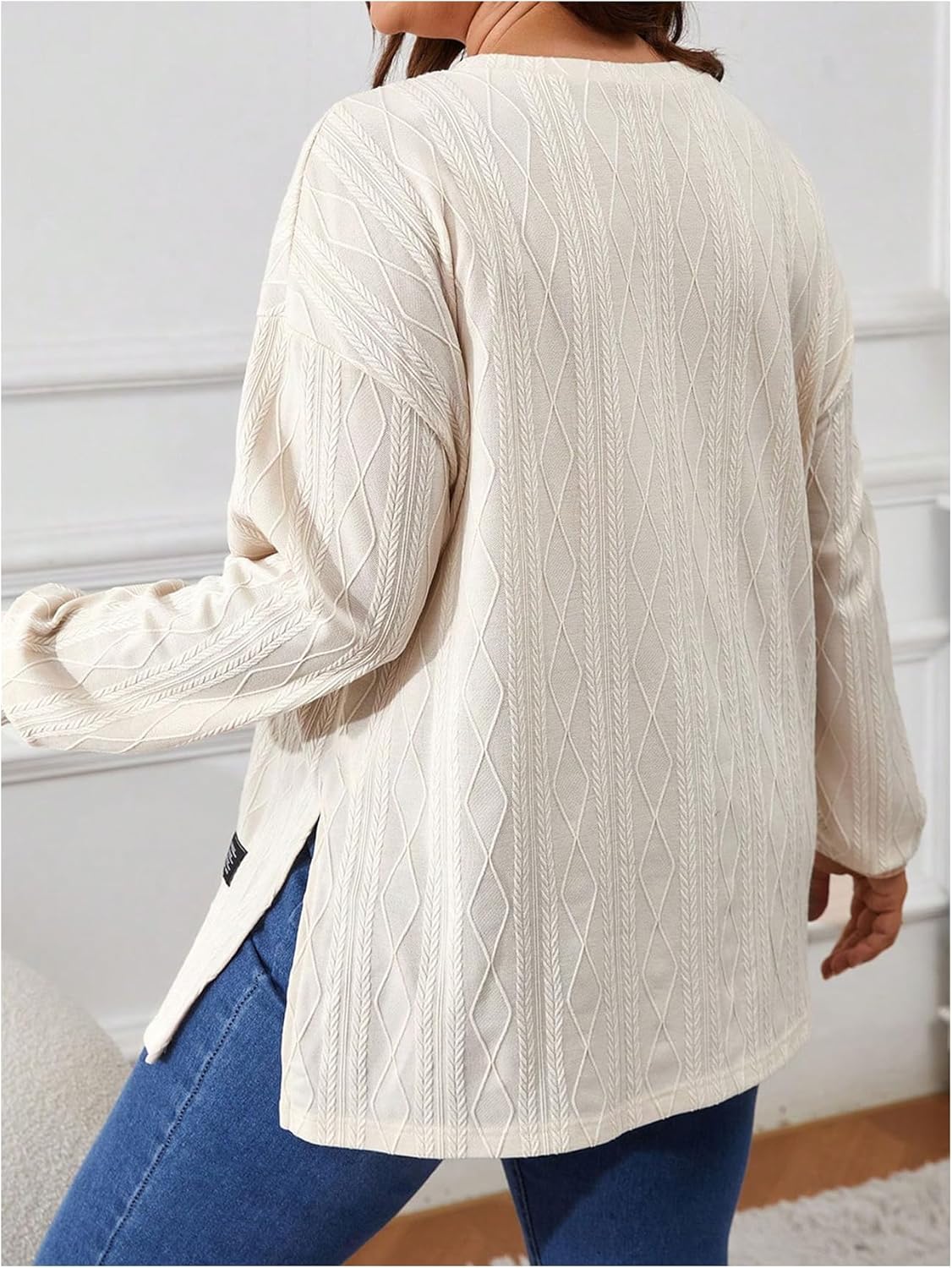 Verdusa Women's Plus Size Textured Basic T Shirts Spring Outfits Long Sleeve Tee Top with Side Slit - Image 2