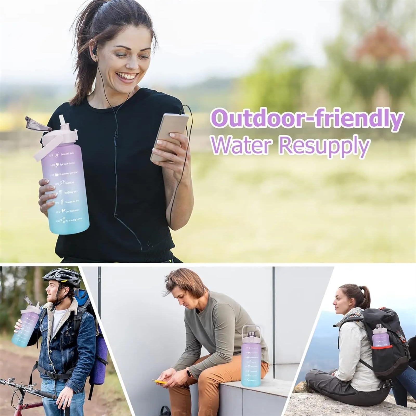 Sportflasche 2L Water Bottle with Straw Large Capacity Sports Portable Drinking Bottles with Time(Pink)